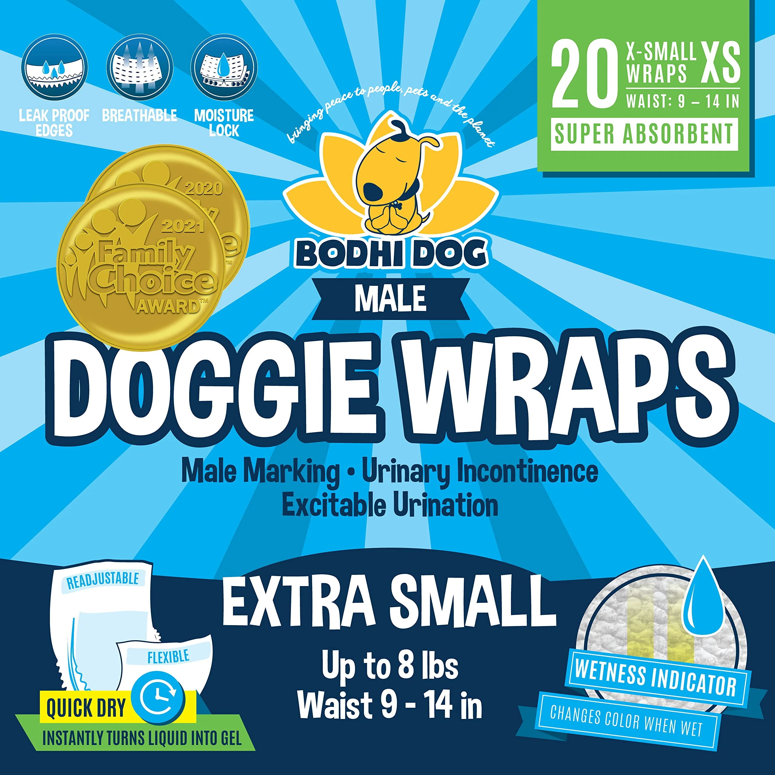 Elegant Bodhi Dog Disposable Male Dog Diapers - Extra Small 20 Count Leak-Proof Adjustable Fit Wetness Indicator Elite