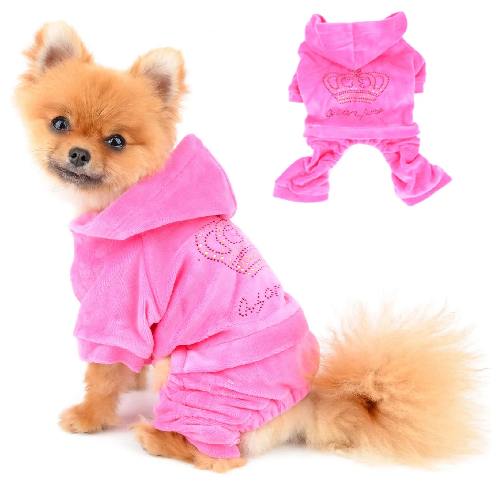 Exclusive SELMAI Velvet Winter Dog Hoodie Jumpsuit for Small Pets – Pink Rhinestone Crown Hooded Pajamas Classic