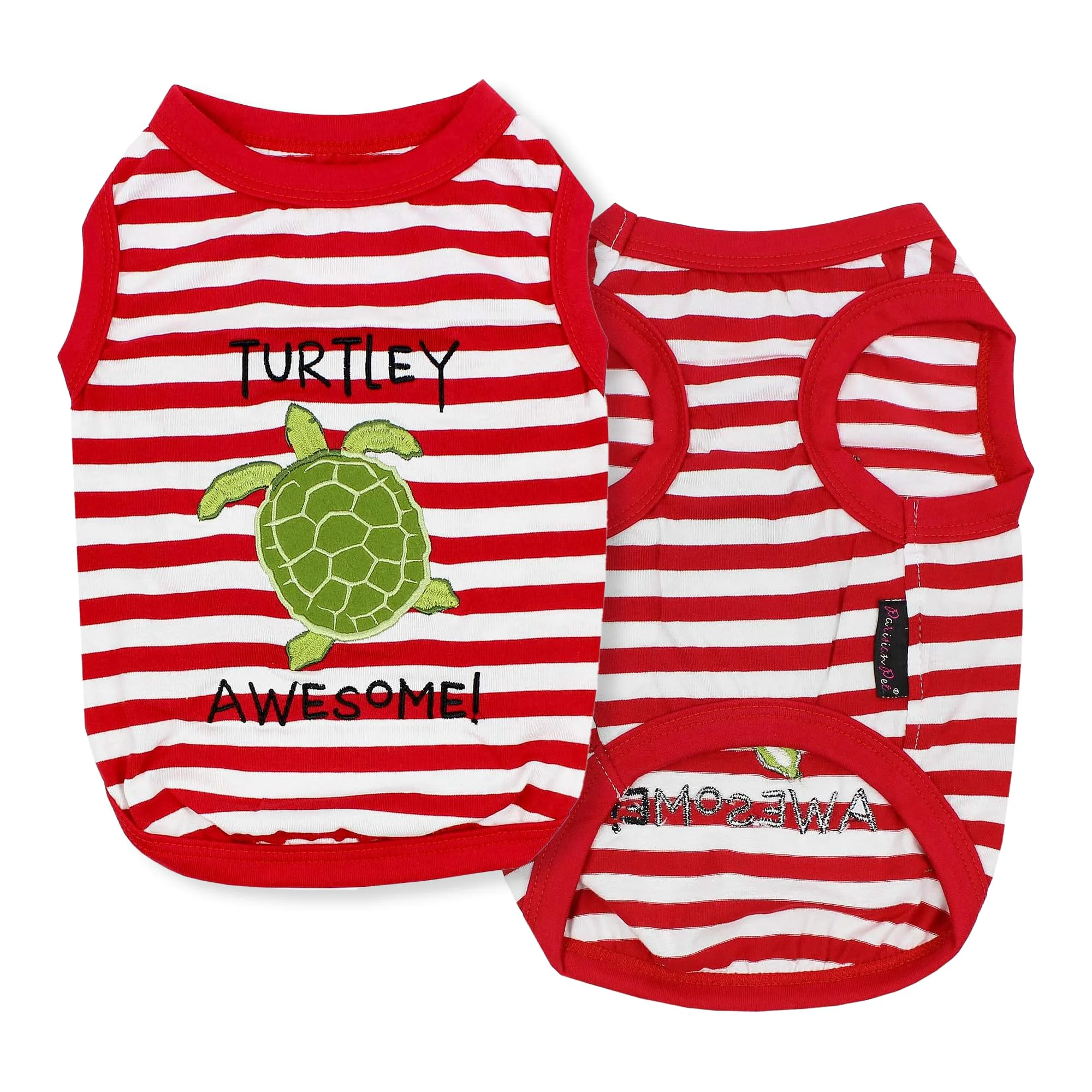 Trendy Parisian Pet Dog T-Shirt - Embroidered Turtley - Breathable Sleeveless Red Tee for Dogs XS-5XL - Machine Washable First-Class