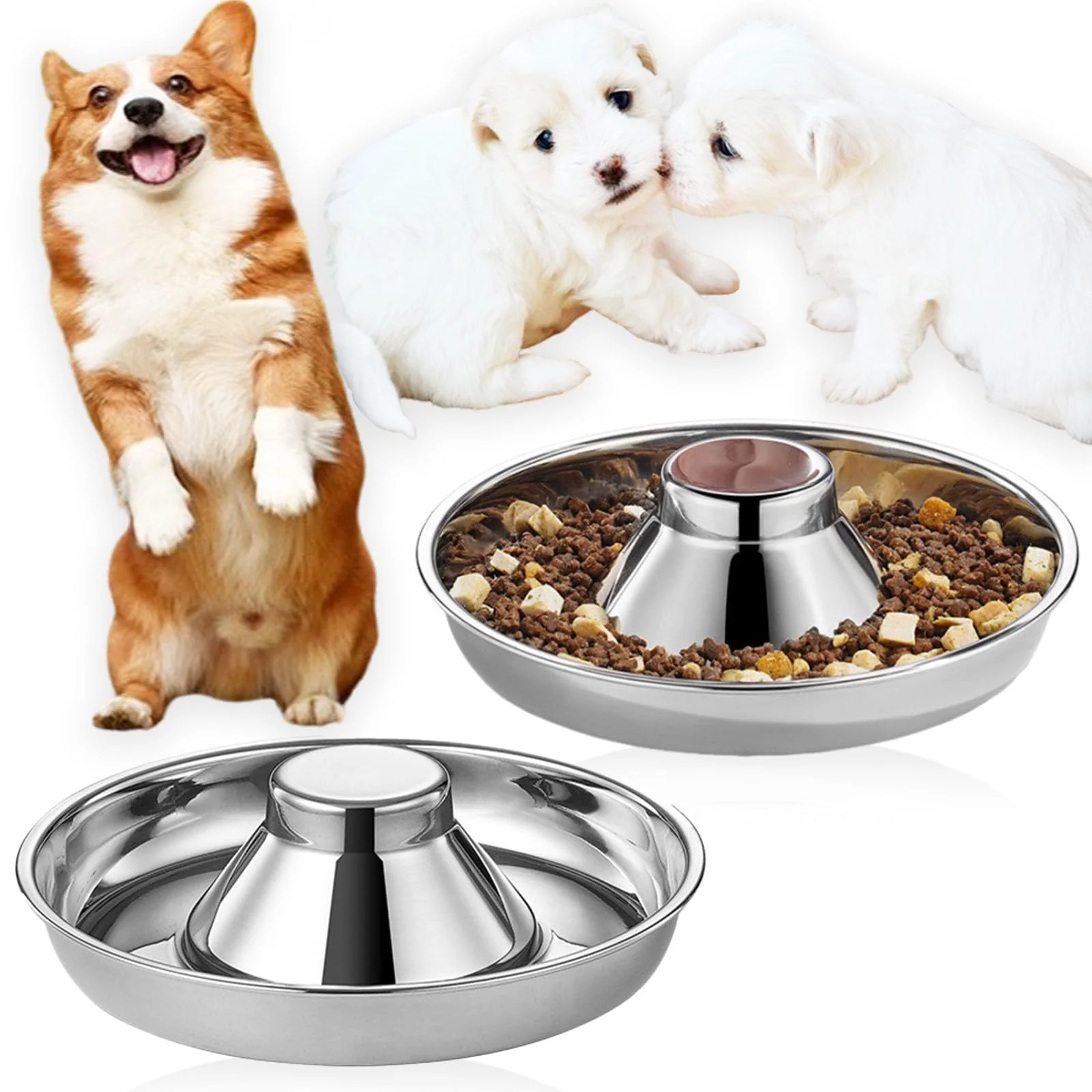 Easy-to-Use Nexboraque 2 Pack Stainless Steel Puppy Bowls — 10 Inch Slow-Feed Bowls for Small Pets Relaxed