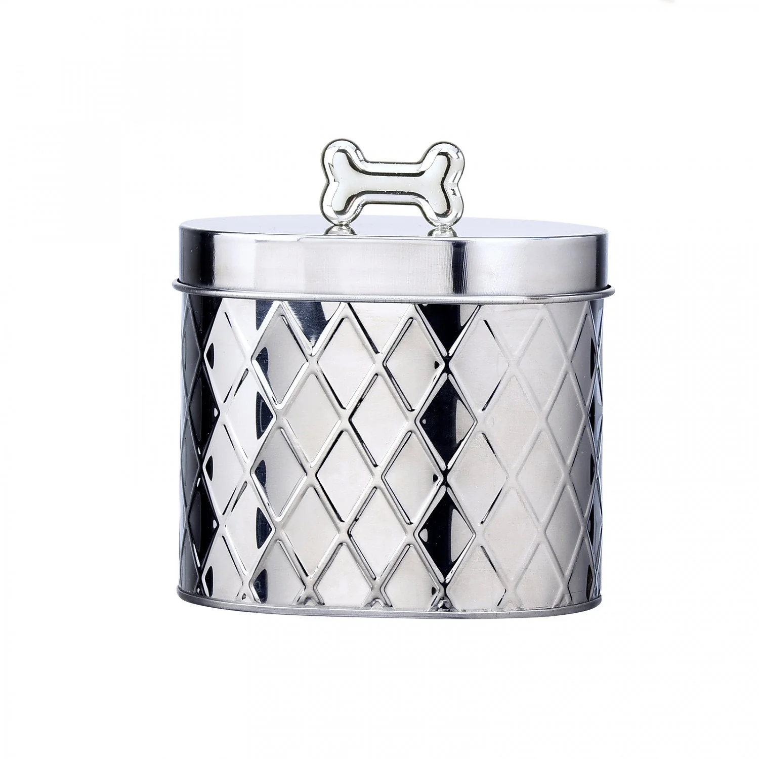 Detailed Amici Pet Chance Oval Metal Treat Canister – 52 oz Stainless Steel Diamond Texture Professional