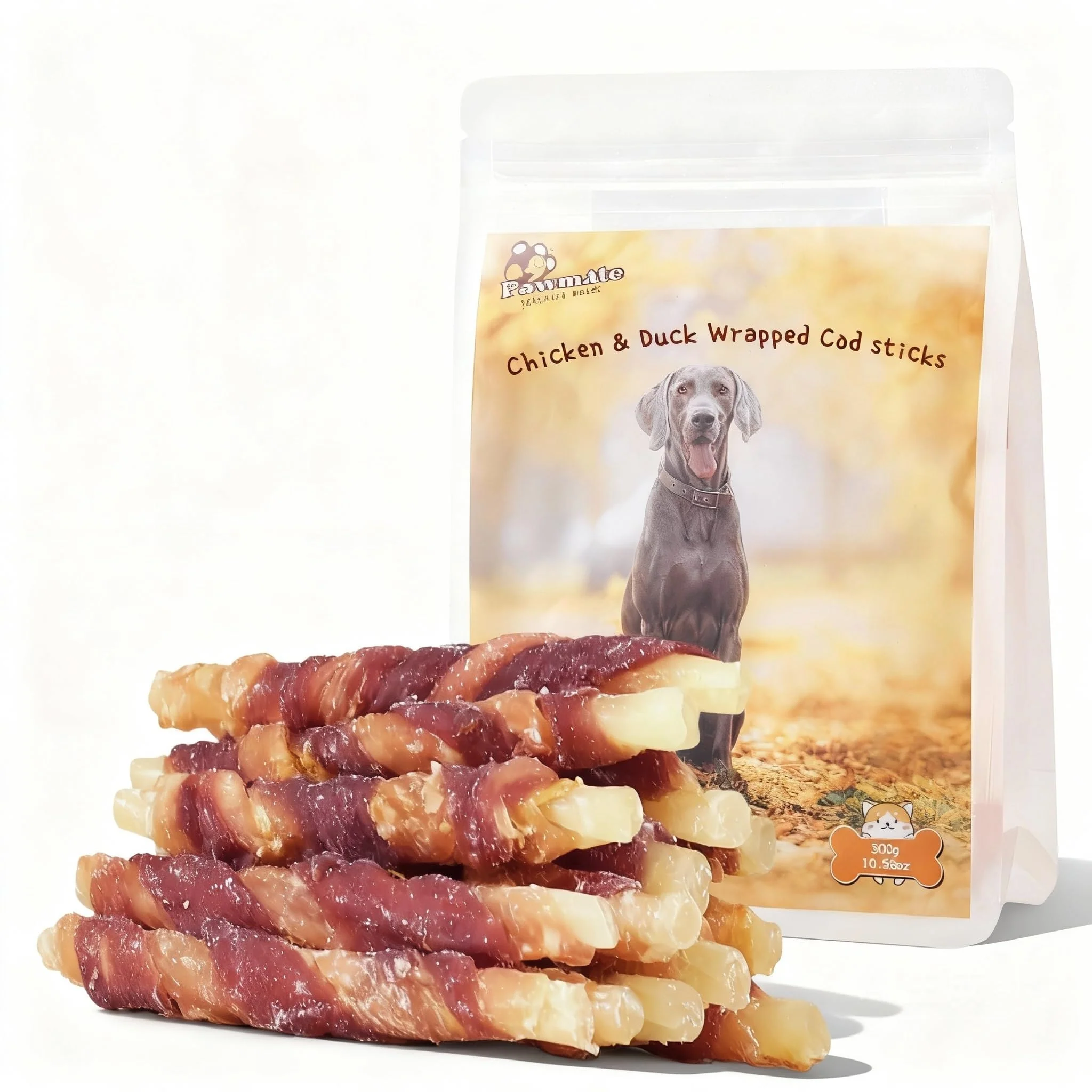 Premium Pawmate Triple Flavor Dog Treats - Chicken Duck Wrapped Cod Sticks Grain- Rawhide- Sustainable