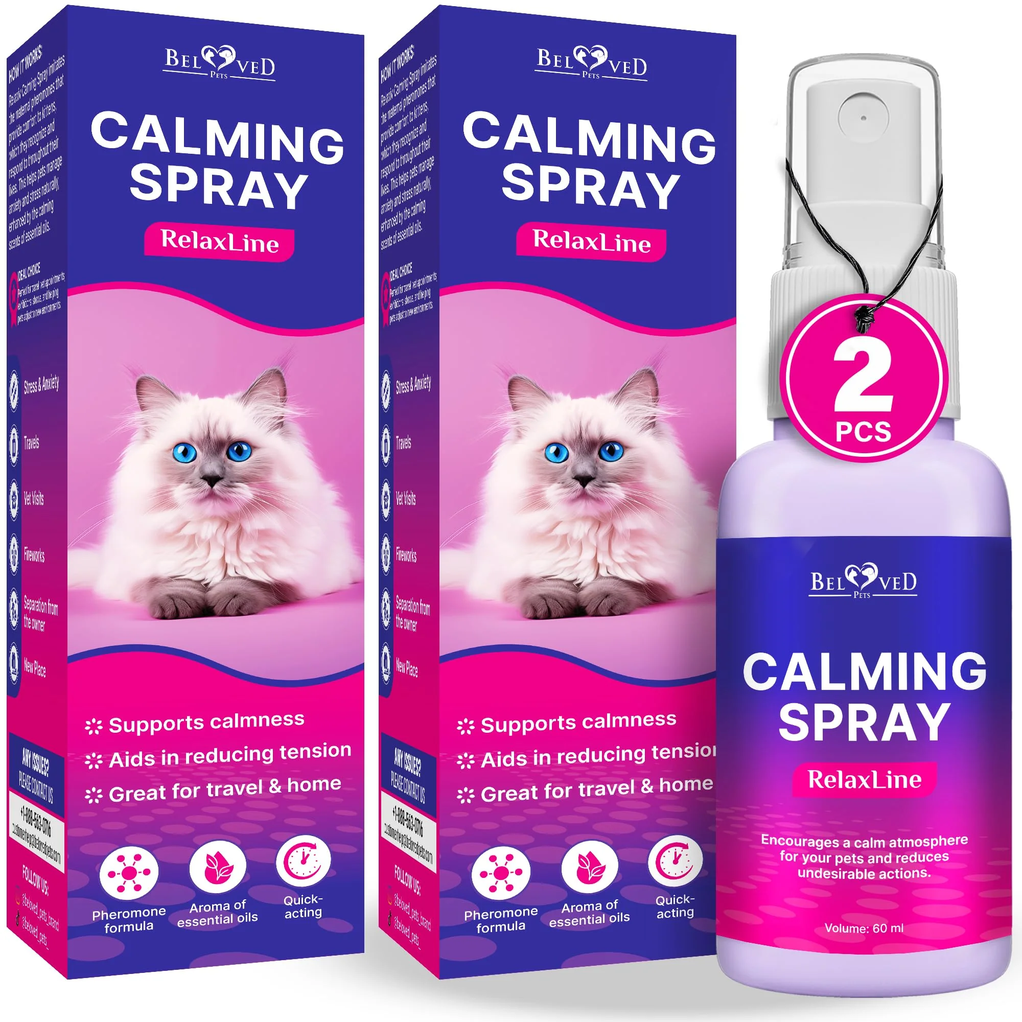Effective Beloved Pets Calming Pheromone Spray Scratch Repellent for Cats — 60 ml 2-pack High-Performance