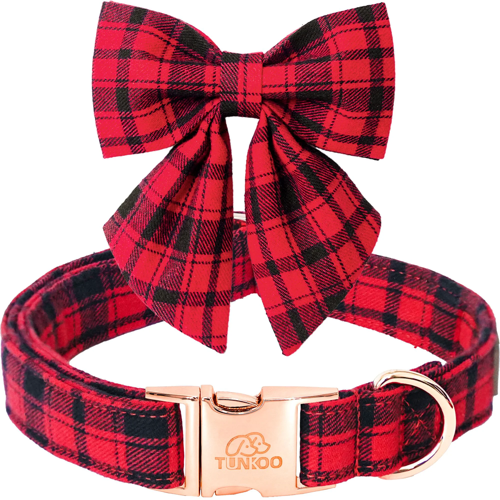 Traditional Tunkoo Christmas Dog Collar with Bow Tie – Red Plaid Adjustable Durable Environmentally Friendly