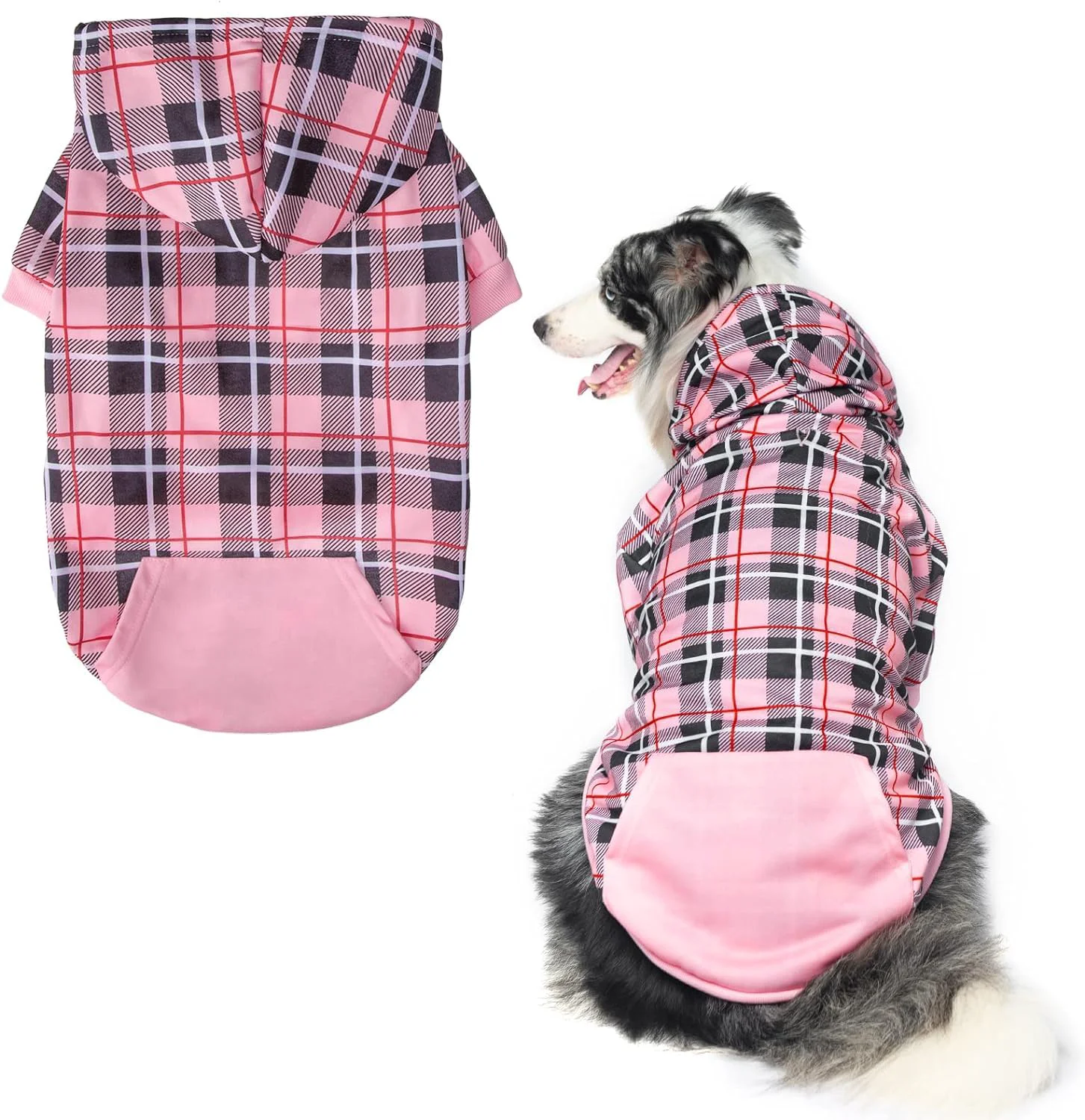 Breathable EXPAWLORER Plaid Dog Hoodie - British Style Warm Winter Coat for All Breeds Pink Large Solid