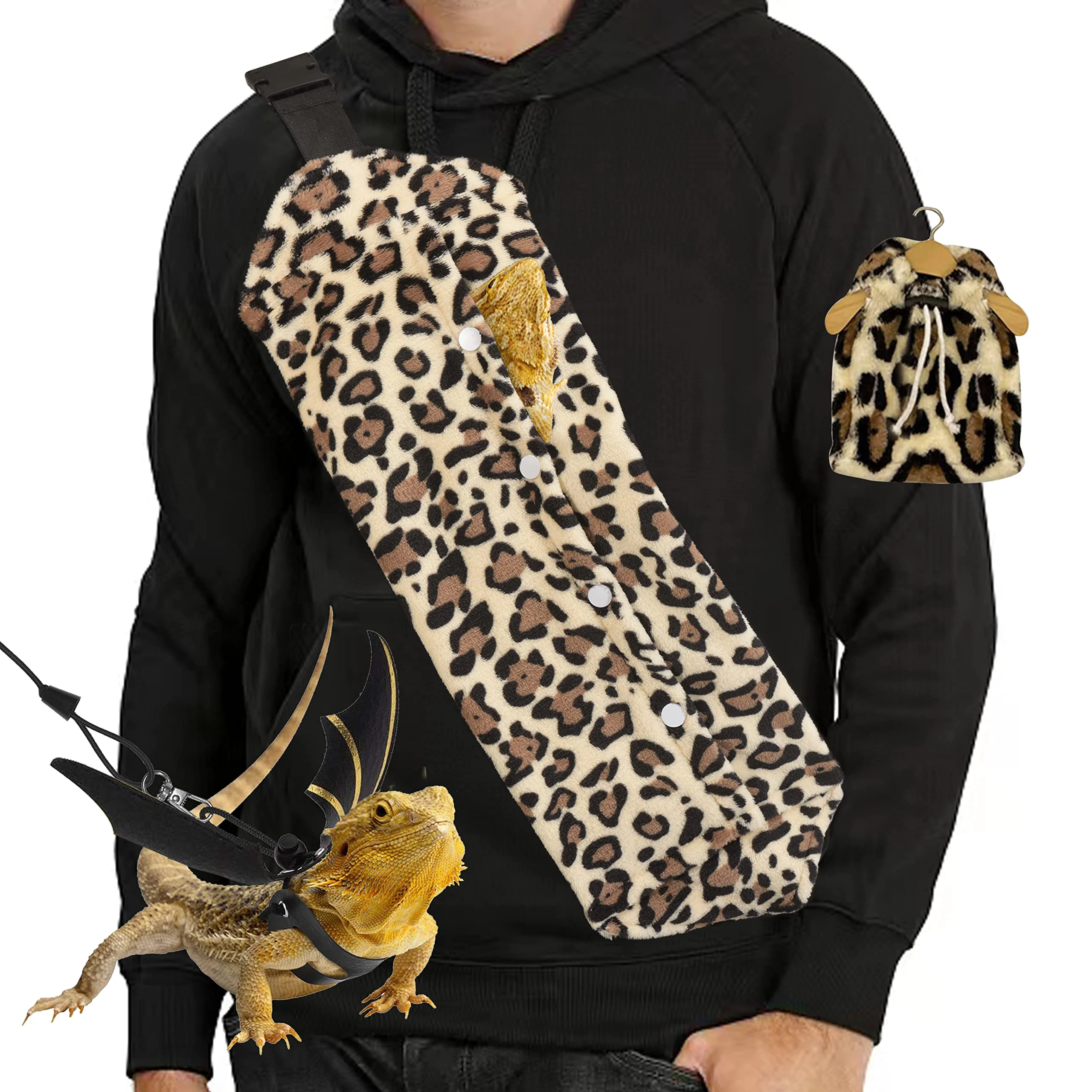 Fine Yosadol Bearded Dragon Leash Harness Set — Leopard Pattern Carrier Batwing Sling Clean