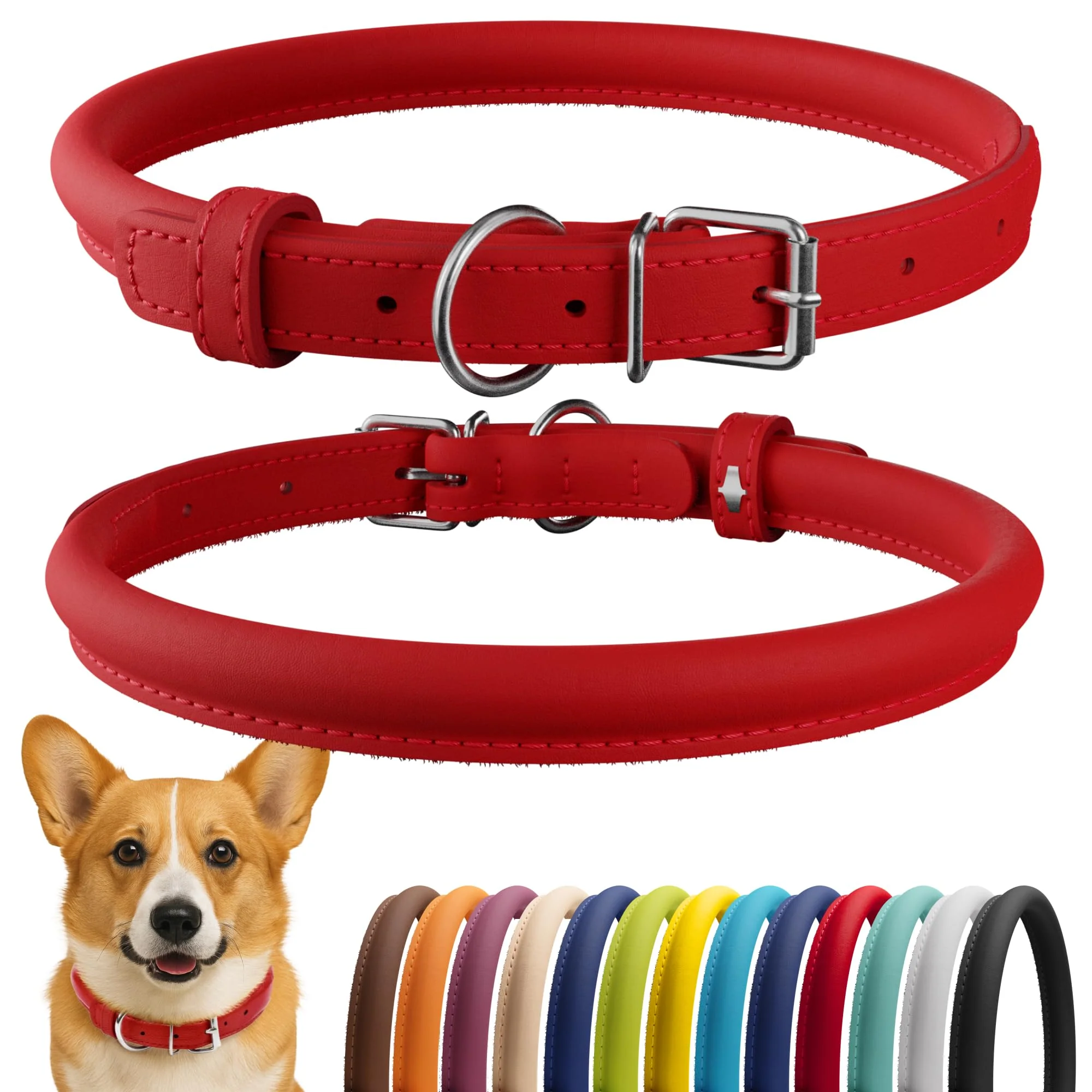 Detailed CollarDirect Rolled Leather Dog Collar – Soft Padding 11–14 in 13 Colors Red Smooth Superior