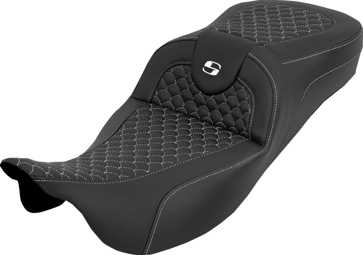 Fast SADDLEMEN Extended Reach RoadSofa™ Seat - Dragon Scale - w o Backrest - White Stitch - FLH FLT '08-'25 808-07B-20906 Artisan