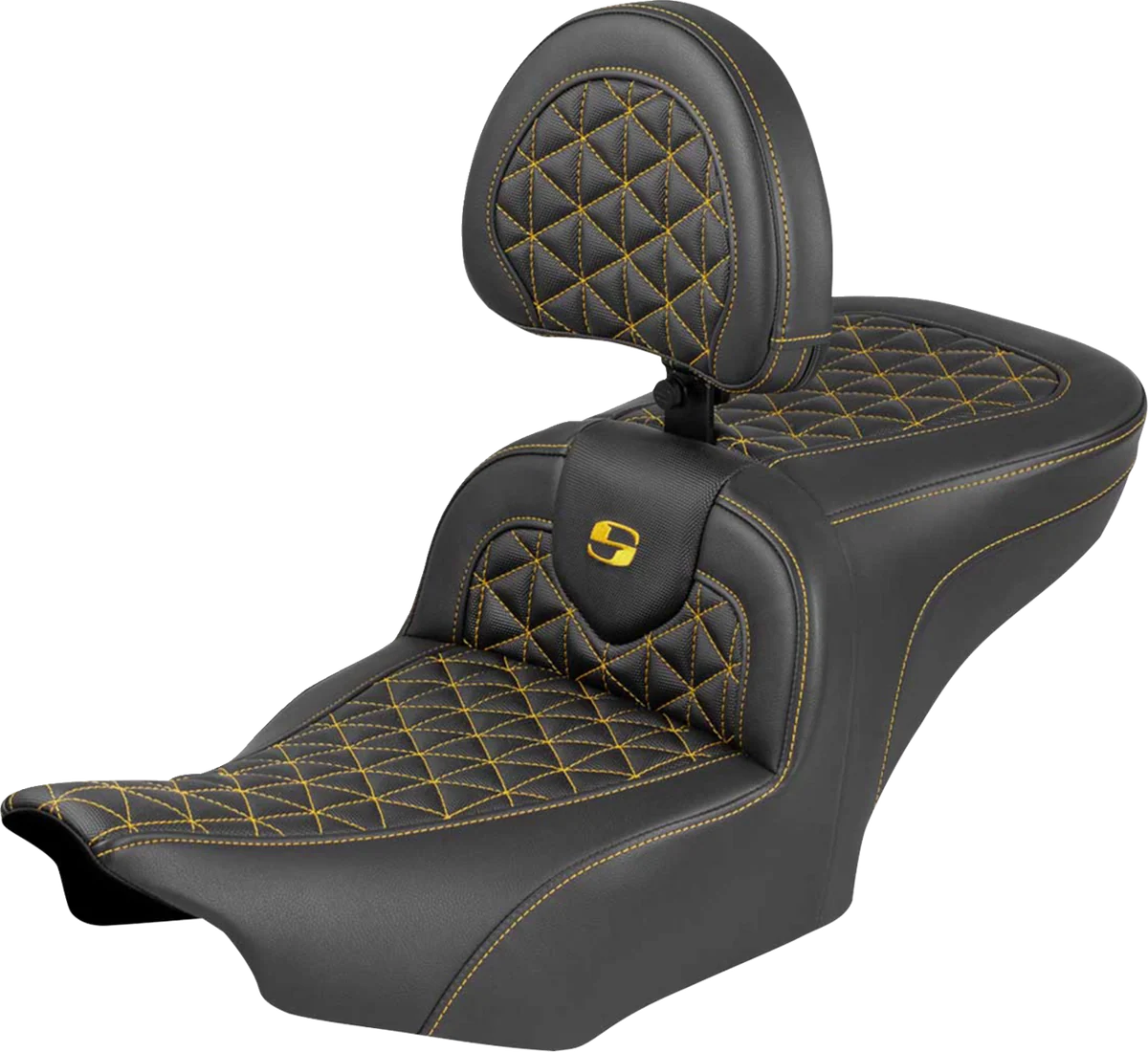 High-Grade SADDLEMEN Roadsofa™ Seat - with Backrest - Gold Stitch - FLH FLT '23-'25 823-07-210B7 Modern