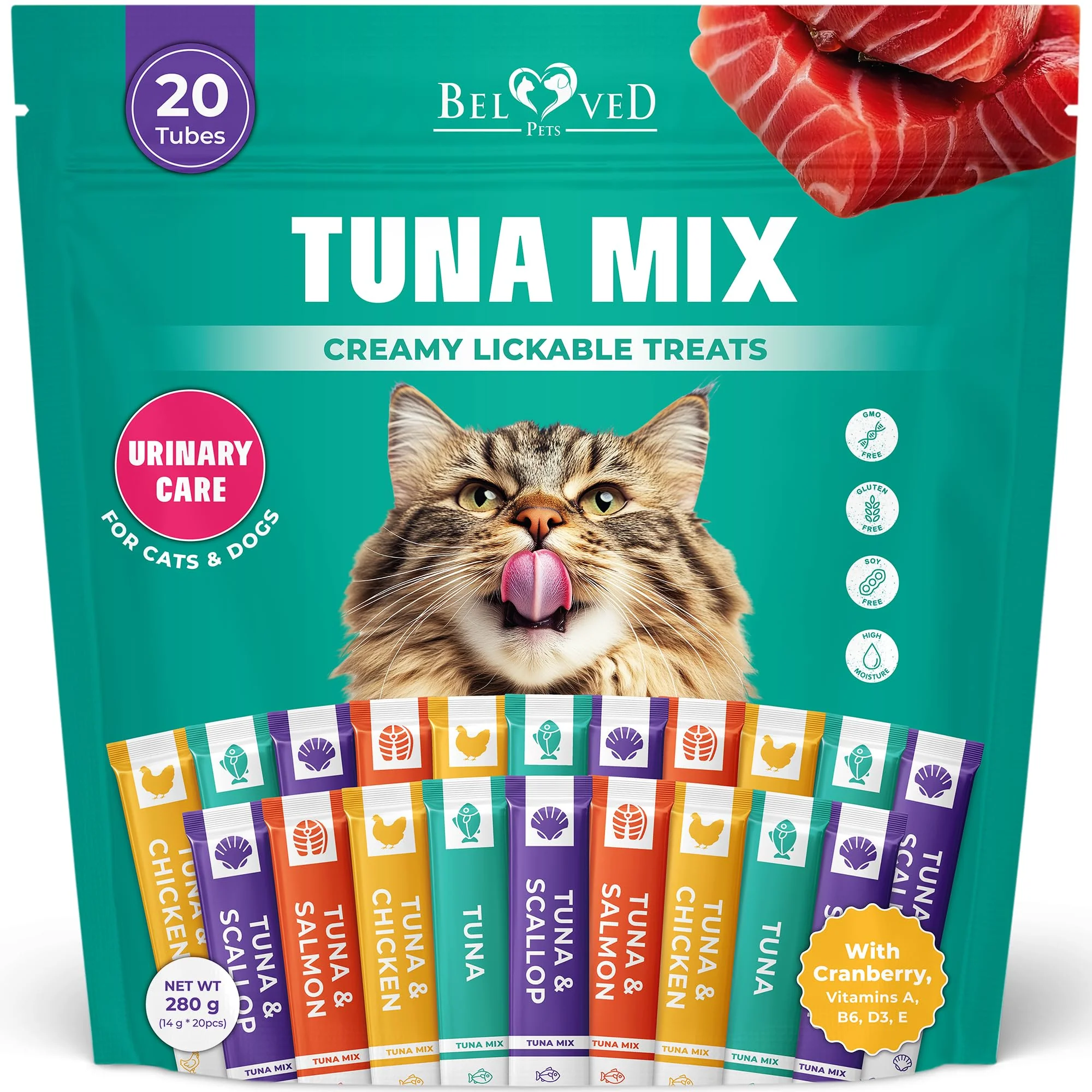 High-Grade Beloved Pets Creamy Lickable Cat Treats Wet Food Squeeze Tubes – Tuna Mix Urinary Care Multivitamins 20 Sticks Smooth