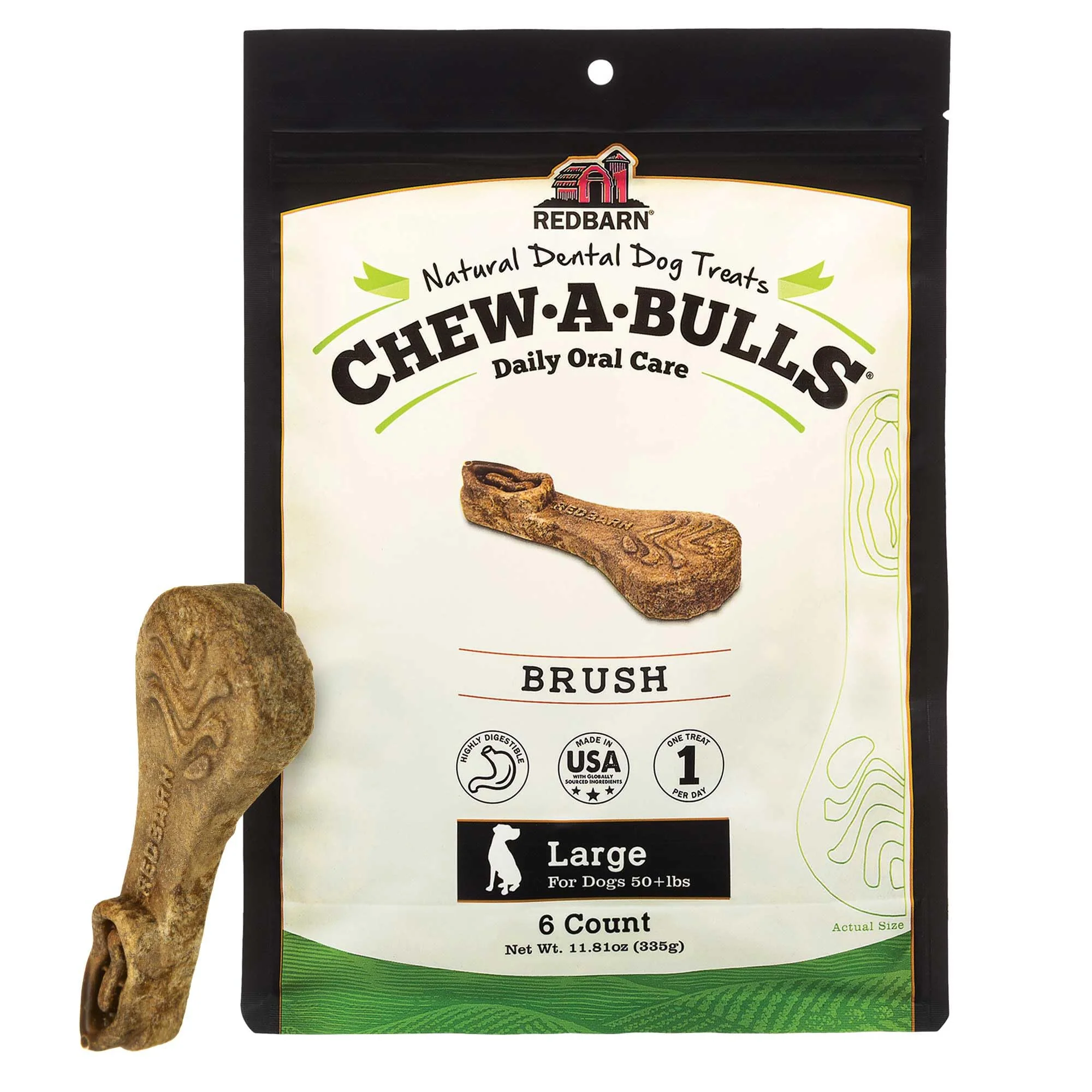 Genuine Redbarn Chew-A-Bulls 6 Pack – Large Brush Shape Dog Dental Treats Breathable