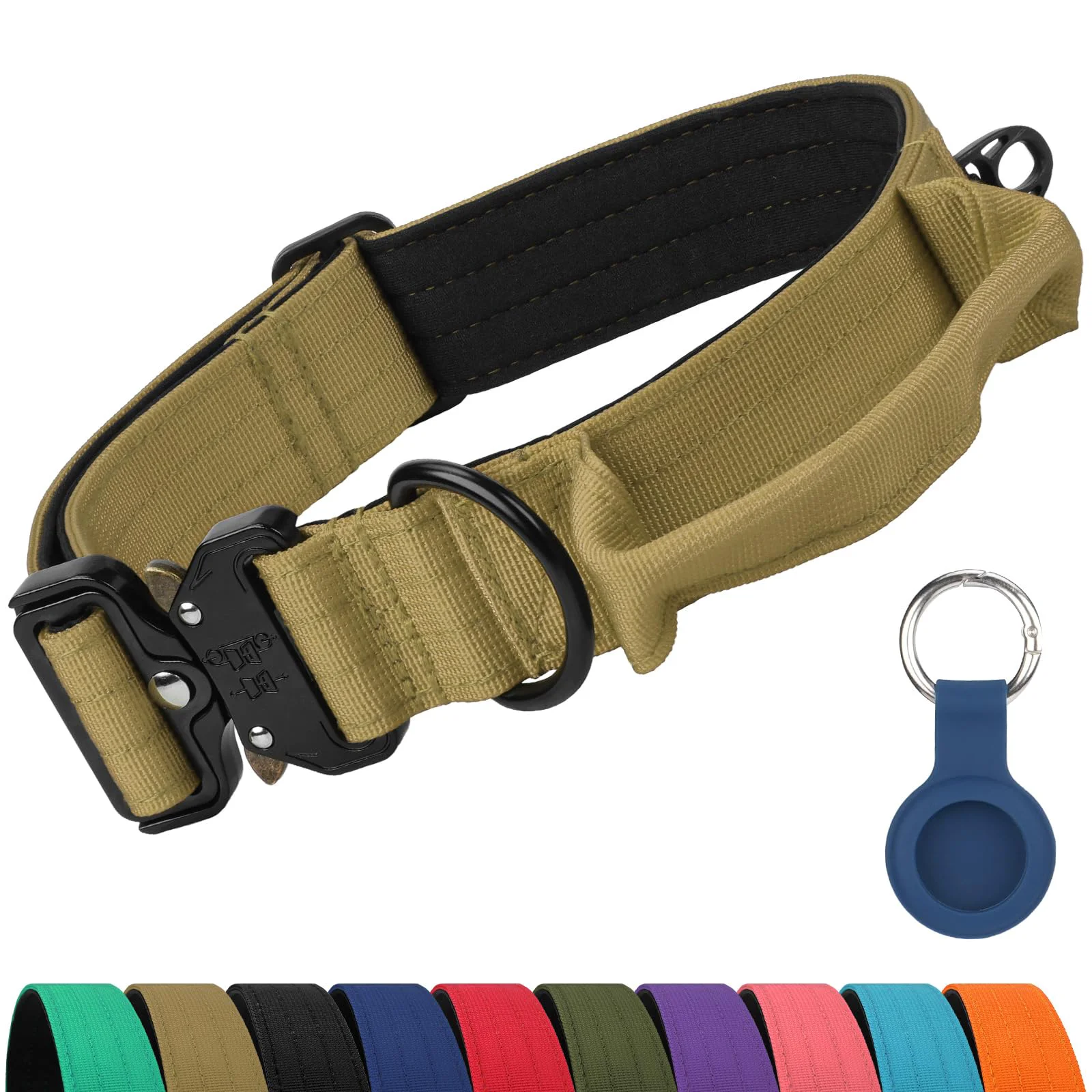 Casual Joytale Heavy Duty Dog Collar with Handle – XL Tactical Nylon Quick Release AirTag Case Khaki Safe