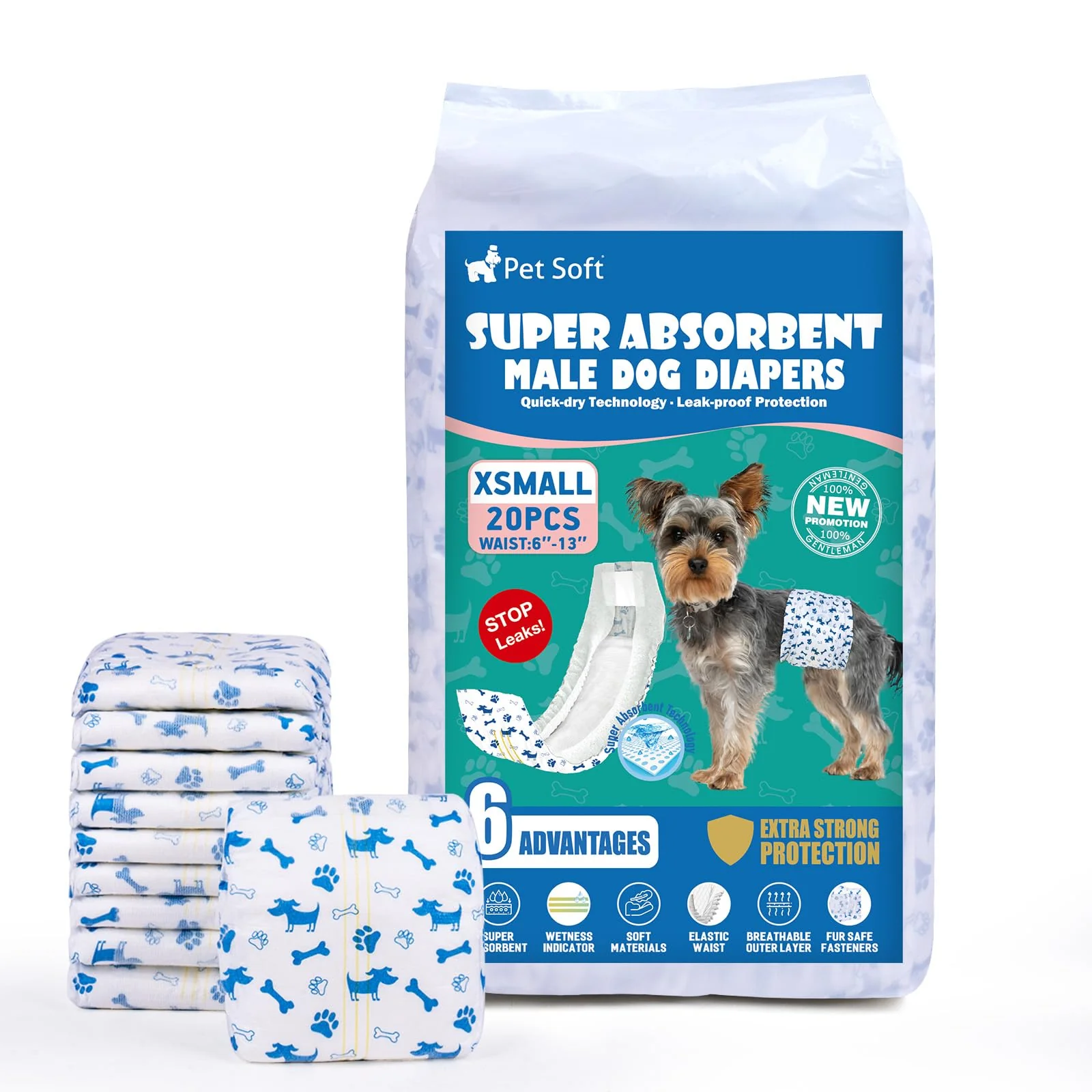 Certified Pet Soft Male Dog Diapers - Disposable Wraps with Wetness Indicator XSmall 20 pcs Smart