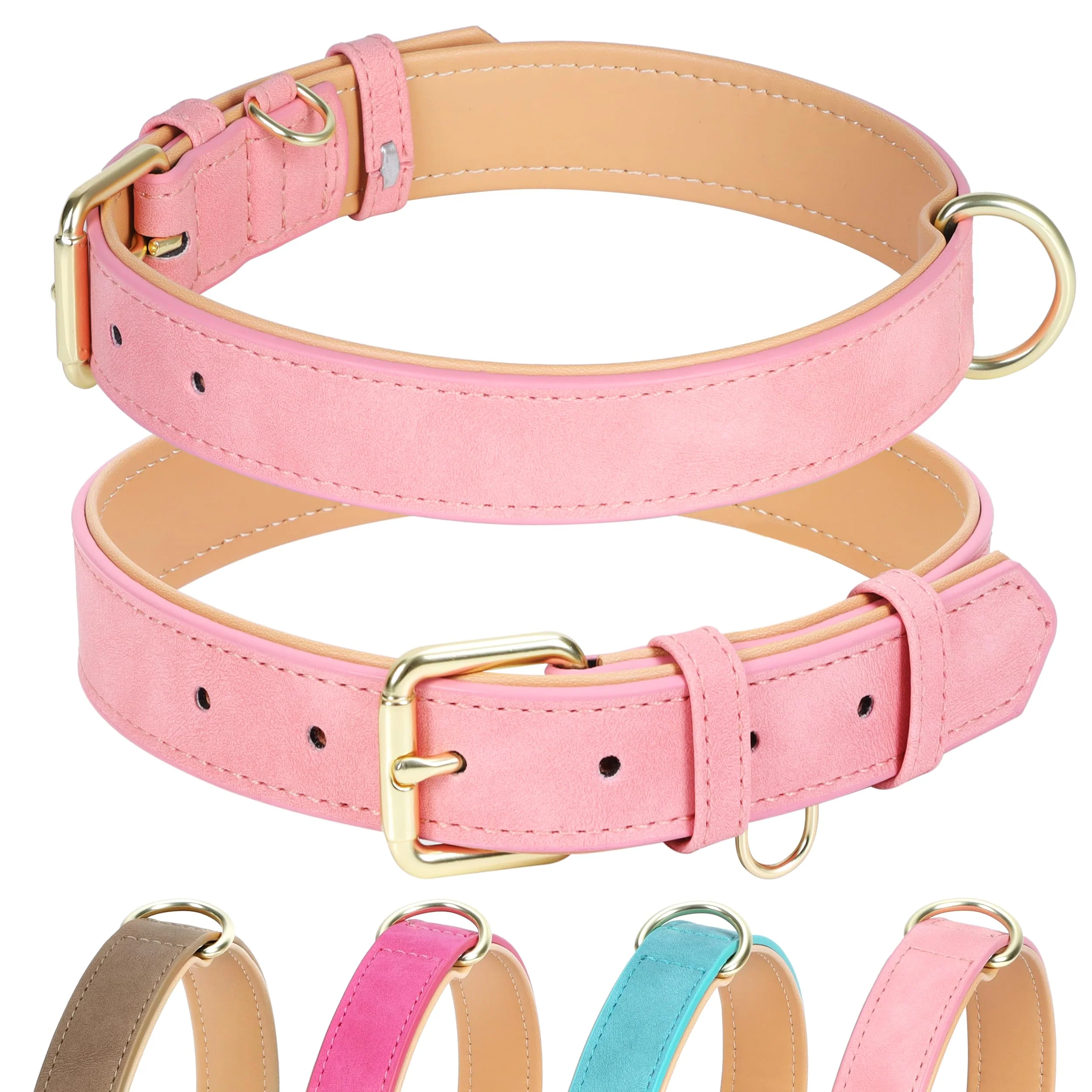 Classic Jumpress Leather Dog Collar – Soft Padded Gold Buckle Pink Size S for Daily Walks Fashionable