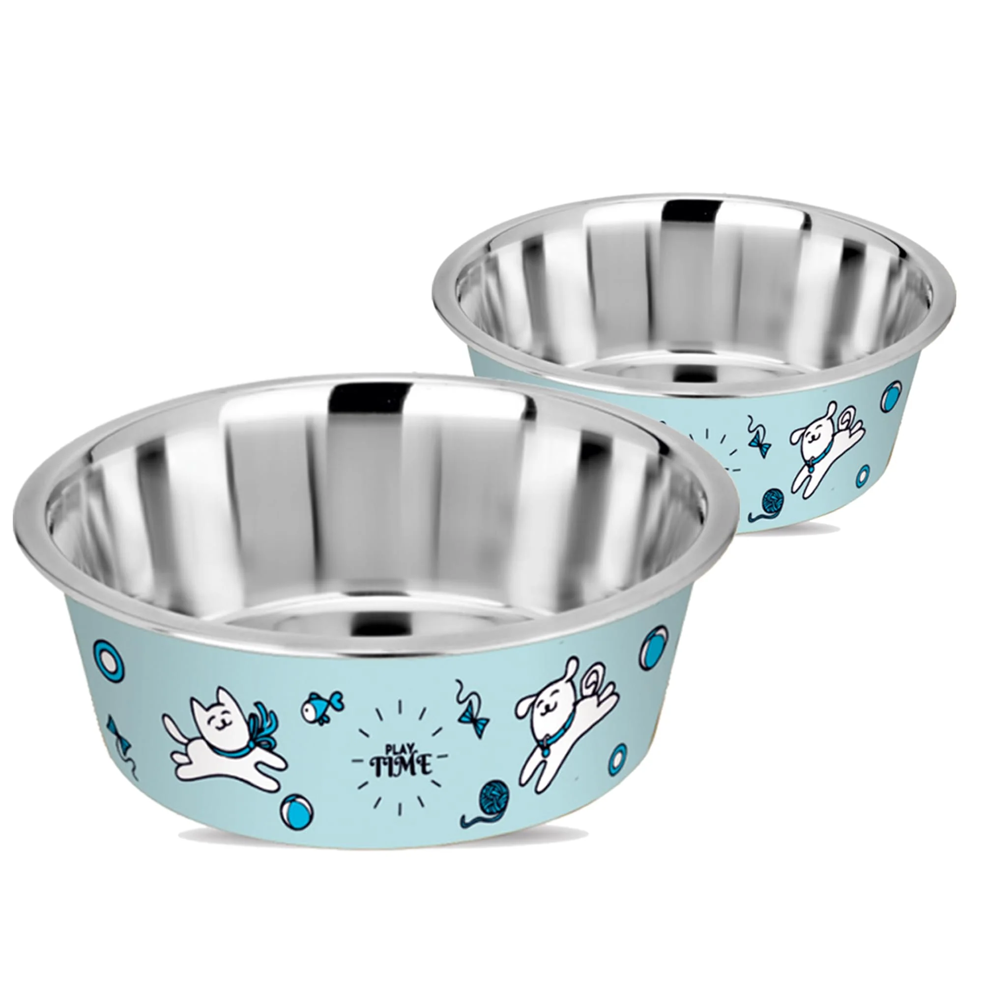 Traditional Happinesque Stainless Steel Dog Cat Bowls Set of 2 – Anti-Skid Dishwasher Safe 13oz 400ml – Pale Turquoise Playtime Print Sustainable