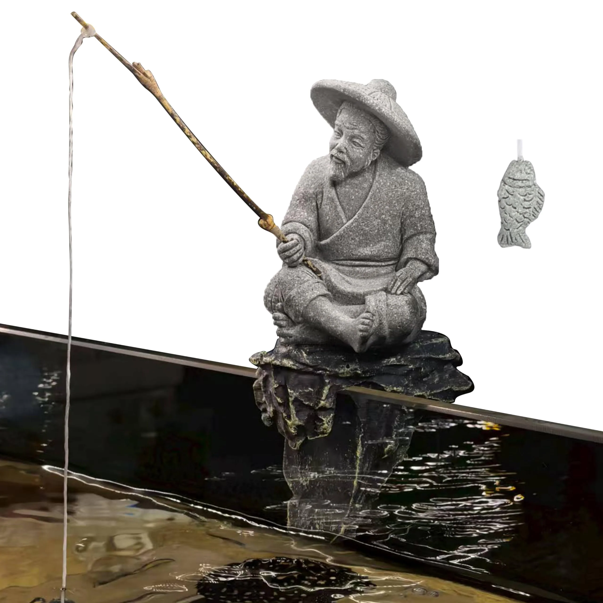 Exceptional LIYAOLI Mini Fisherman Statue for Aquarium Decor – Sandstone Japanese Fishing Figurine Zen Garden Ornament Top-Quality