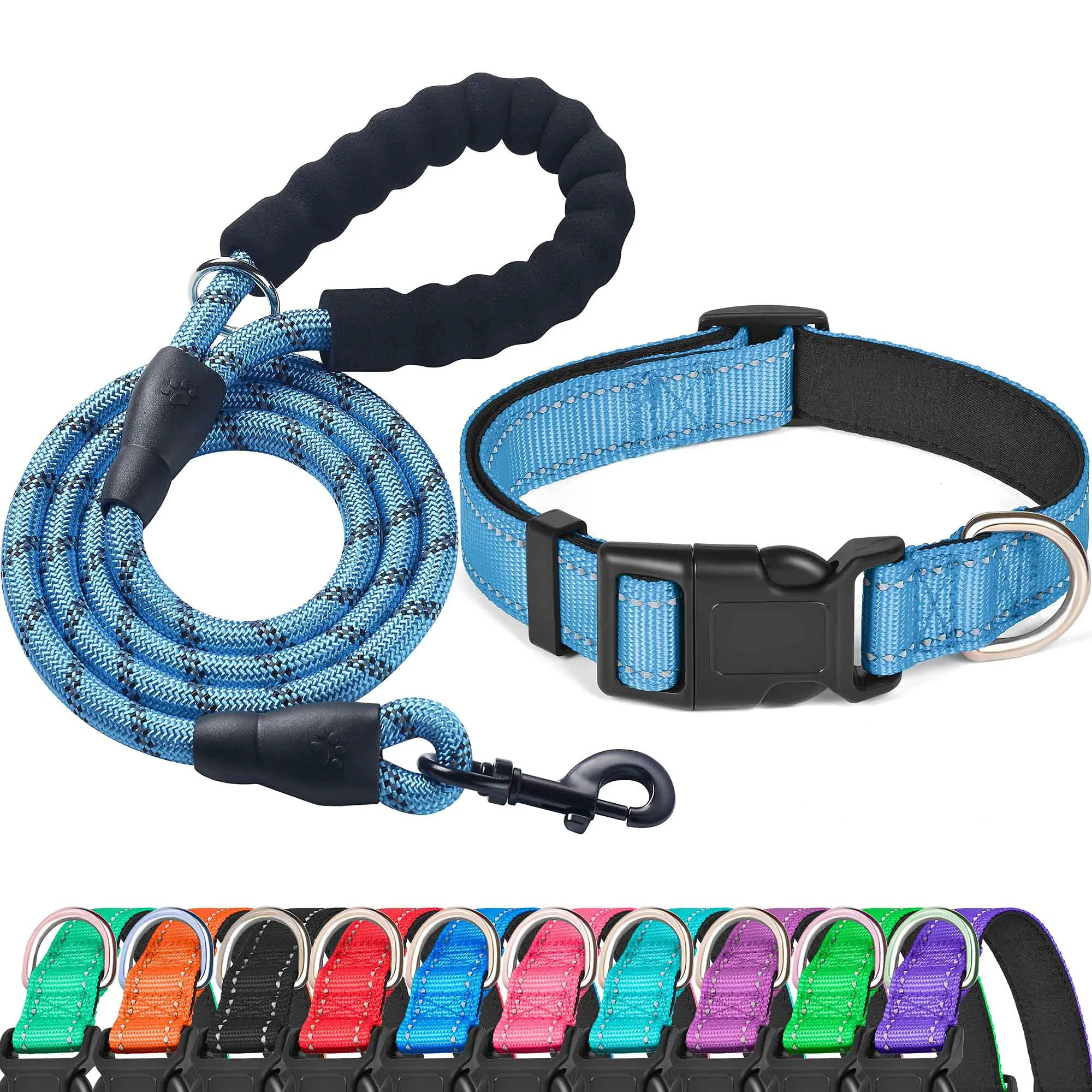 Sophisticated Ladoogo Reflective Neoprene-Padded Dog Collar Leash – Vivid Blue Proven