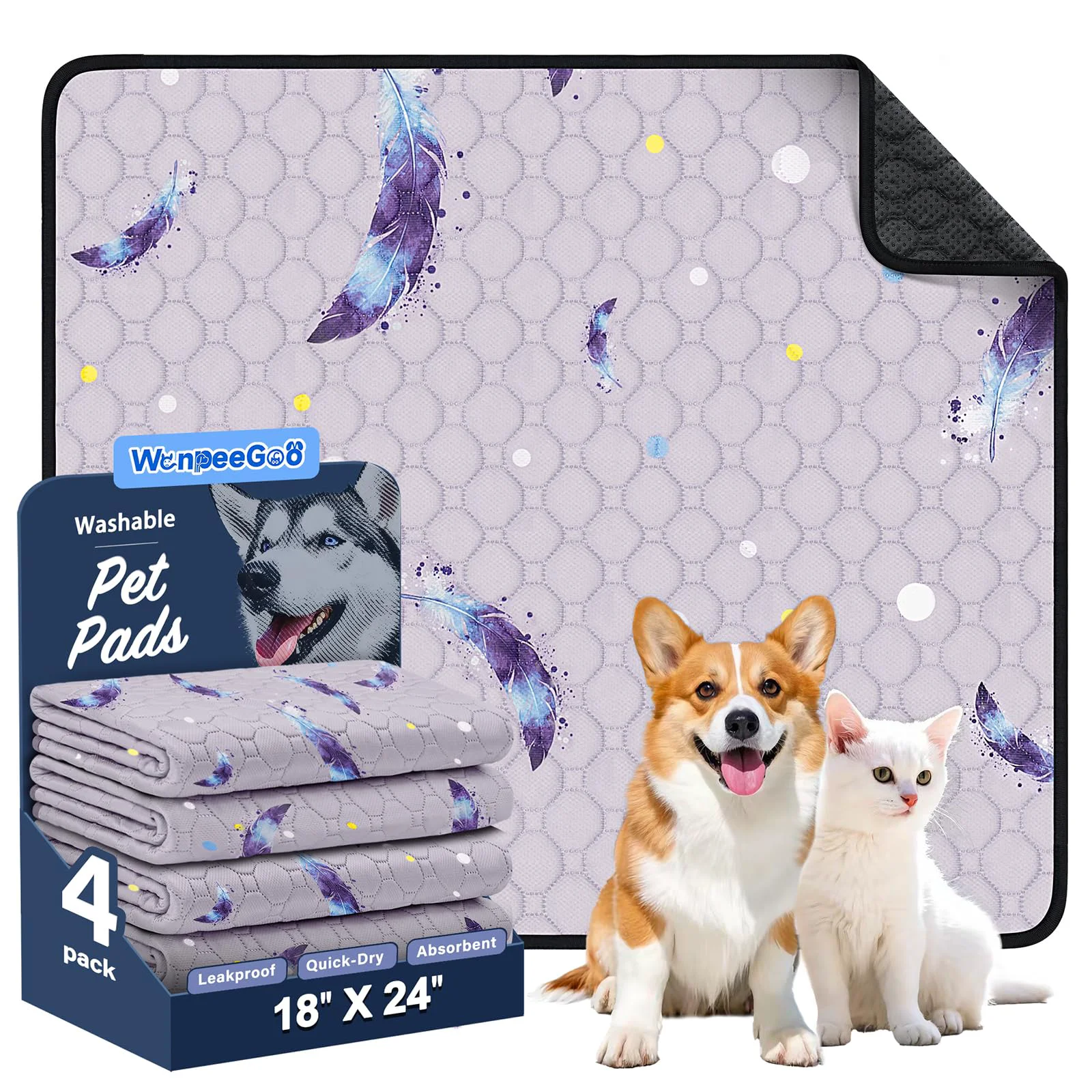 Casual WanpeeGoo Washable Pee Pads for Dogs - 4-Pack 18x24 Anti-Slip Reusable Puppy Pads with Leaf Pattern Professional