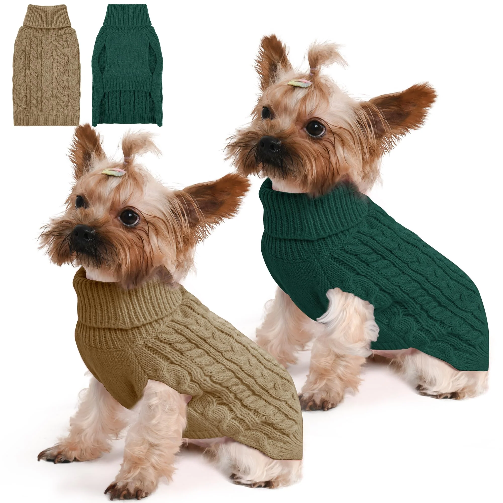 Sophisticated Lorehelina 2 Pack Dog Sweaters for Small Dogs — Winter Cable Knit Turtlenecks XS Green Brown Soft