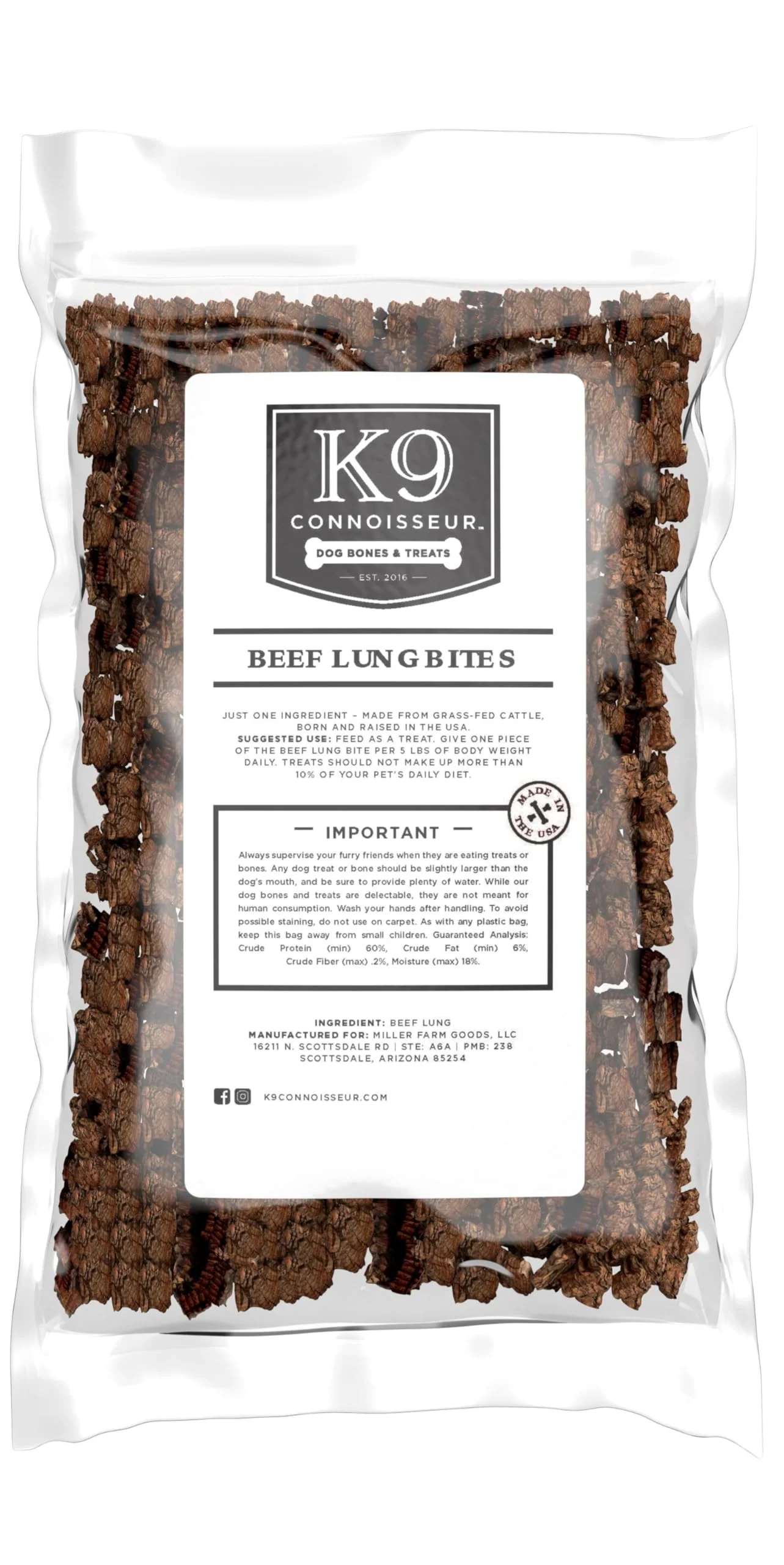 Professional K9 Connoisseur Beef Lung Dog Training Treats — All Natural Lean USA Made Single Ingredient Grain 8 oz Trusted