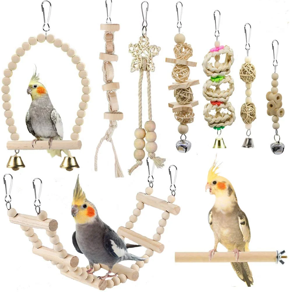 High-End lovyoCoCo Bird Parrot Swing Toys - 9-Piece Wooden Cage Toy Set for Small to Medium Birds Authentic