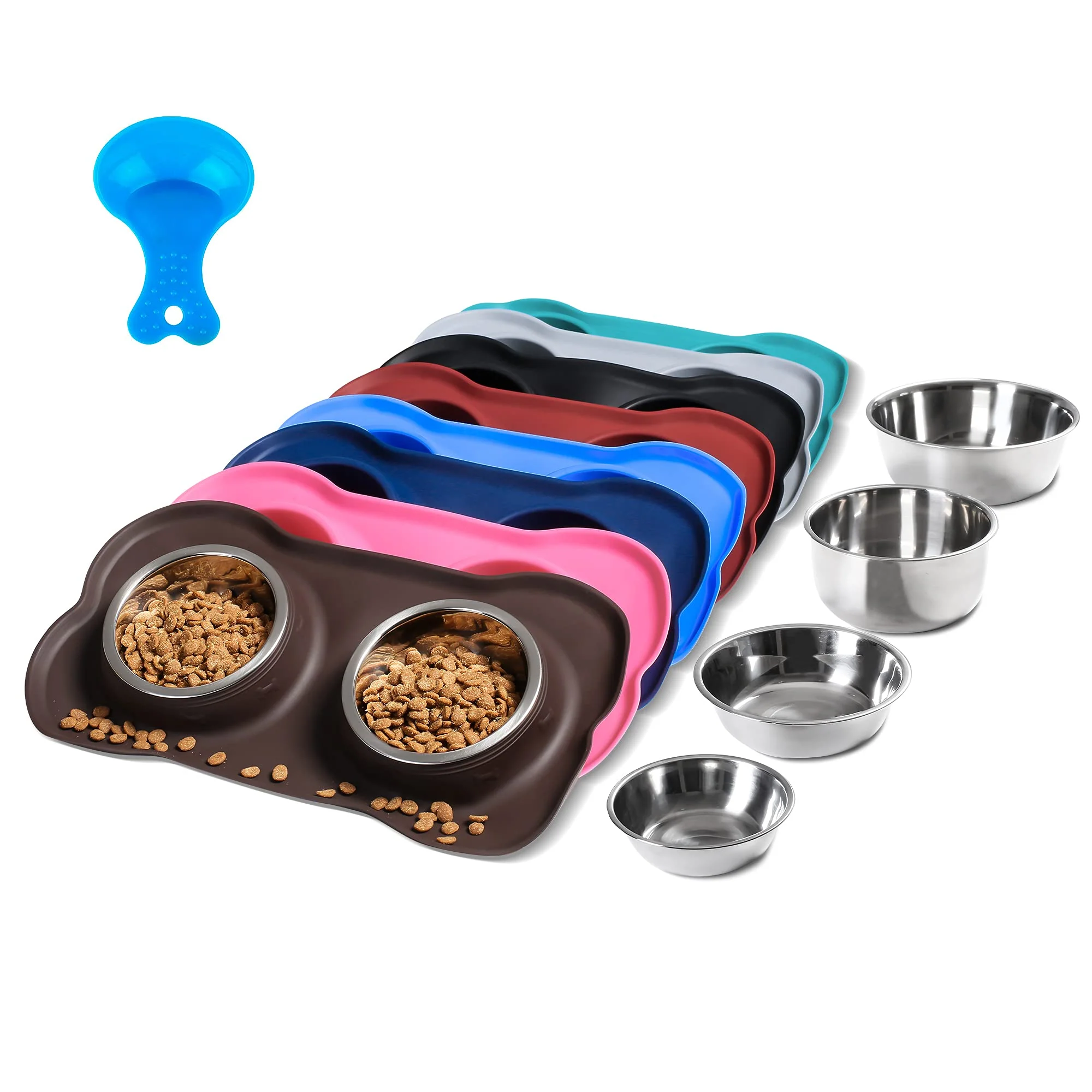 Durable Hubulk Pet Bowls 2-Pack Stainless Steel No-Spill Silicone Mat Scoop Recyclable