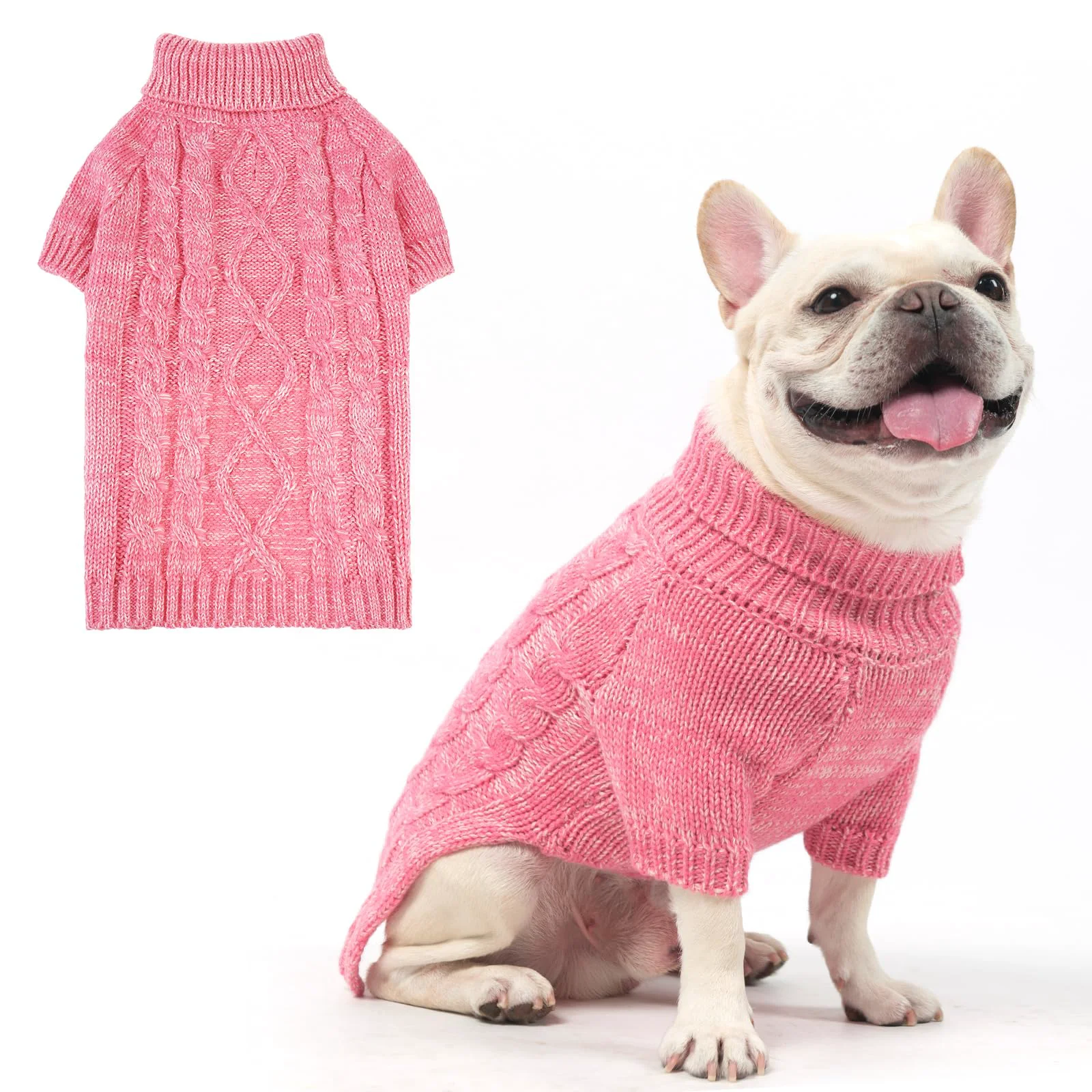 Breathable KOOLTAIL Pink Dog Sweater — Turtleneck Cable Knit Leash Hole All-Breed Warm Winter Pullover SM Easy-to-Use