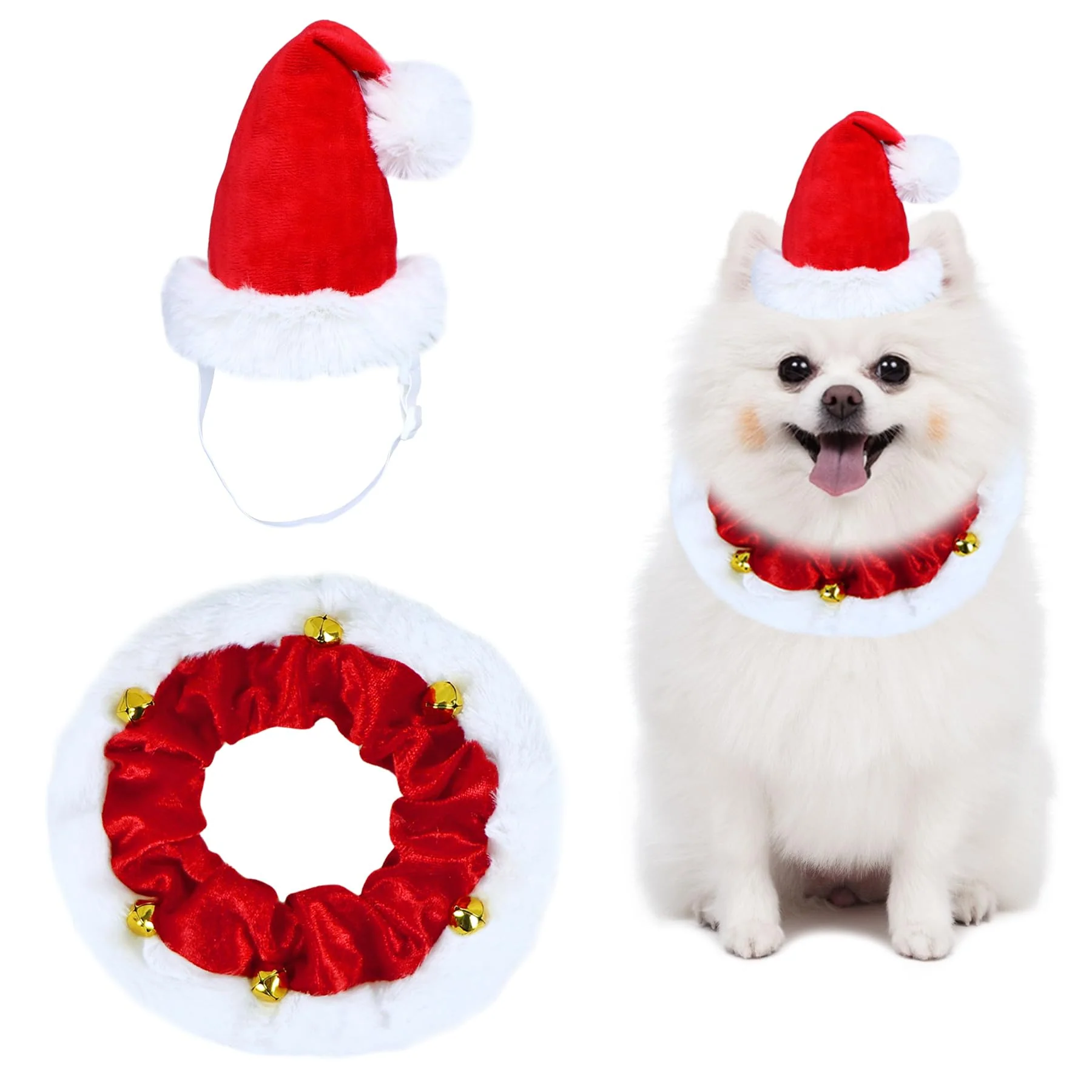 Safe GOYOSWA Dog Christmas Outfit 3D Santa Hat Bell Collar in 2 Sizes Responsible