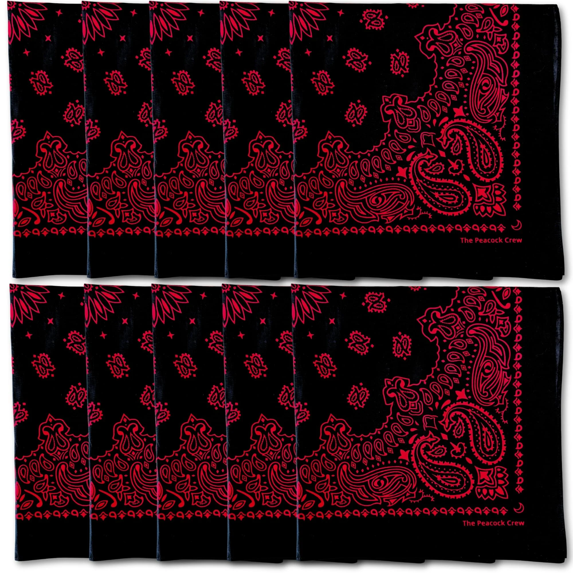 Original The Peacock Crew 10 Pack Black Red Bandanas – Premium Soft Cotton Luxury