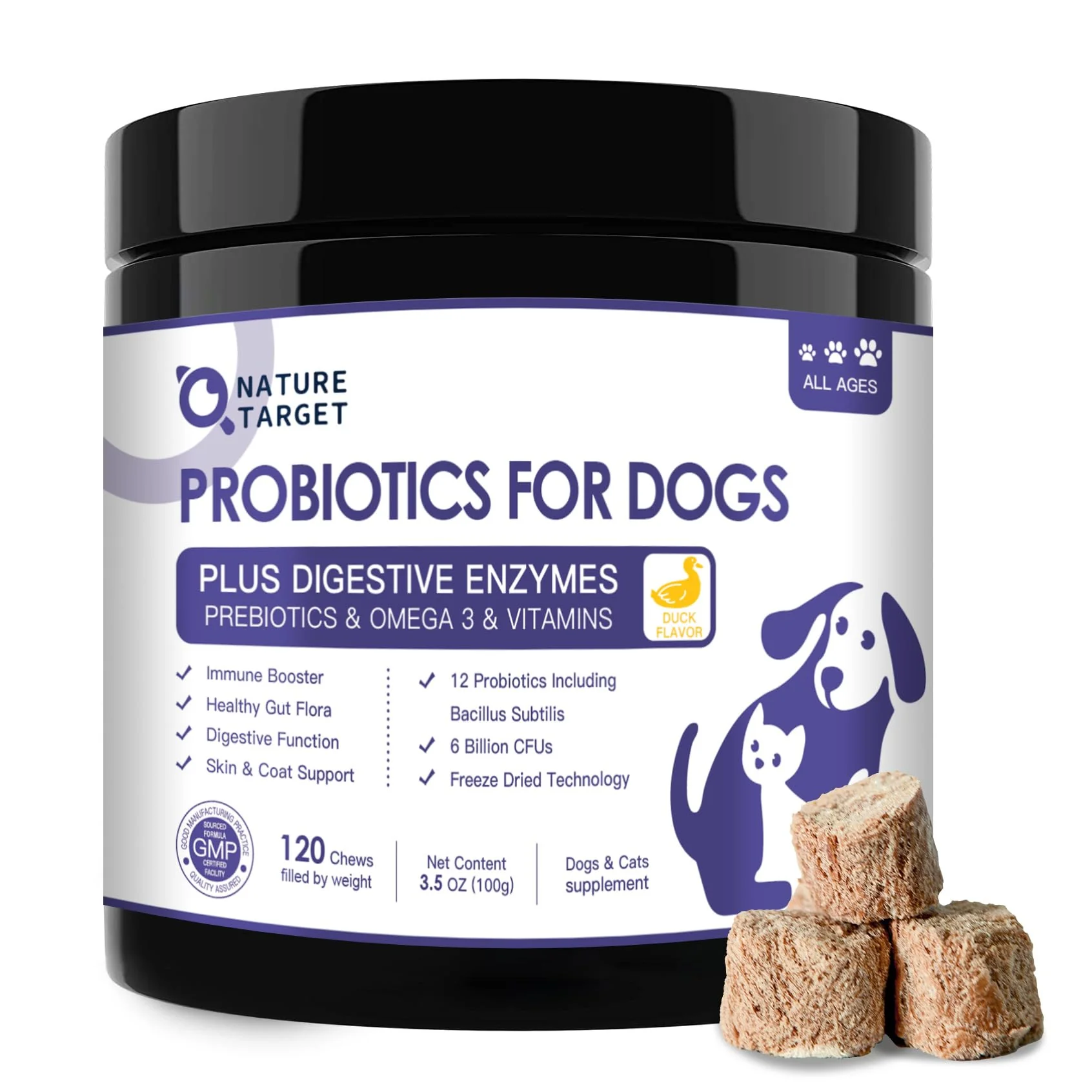 World-Class NATURE TARGET Probiotics for Dogs – Duck Flavor Prebiotics Enzymes Omega-3 120 Treats Minimalist