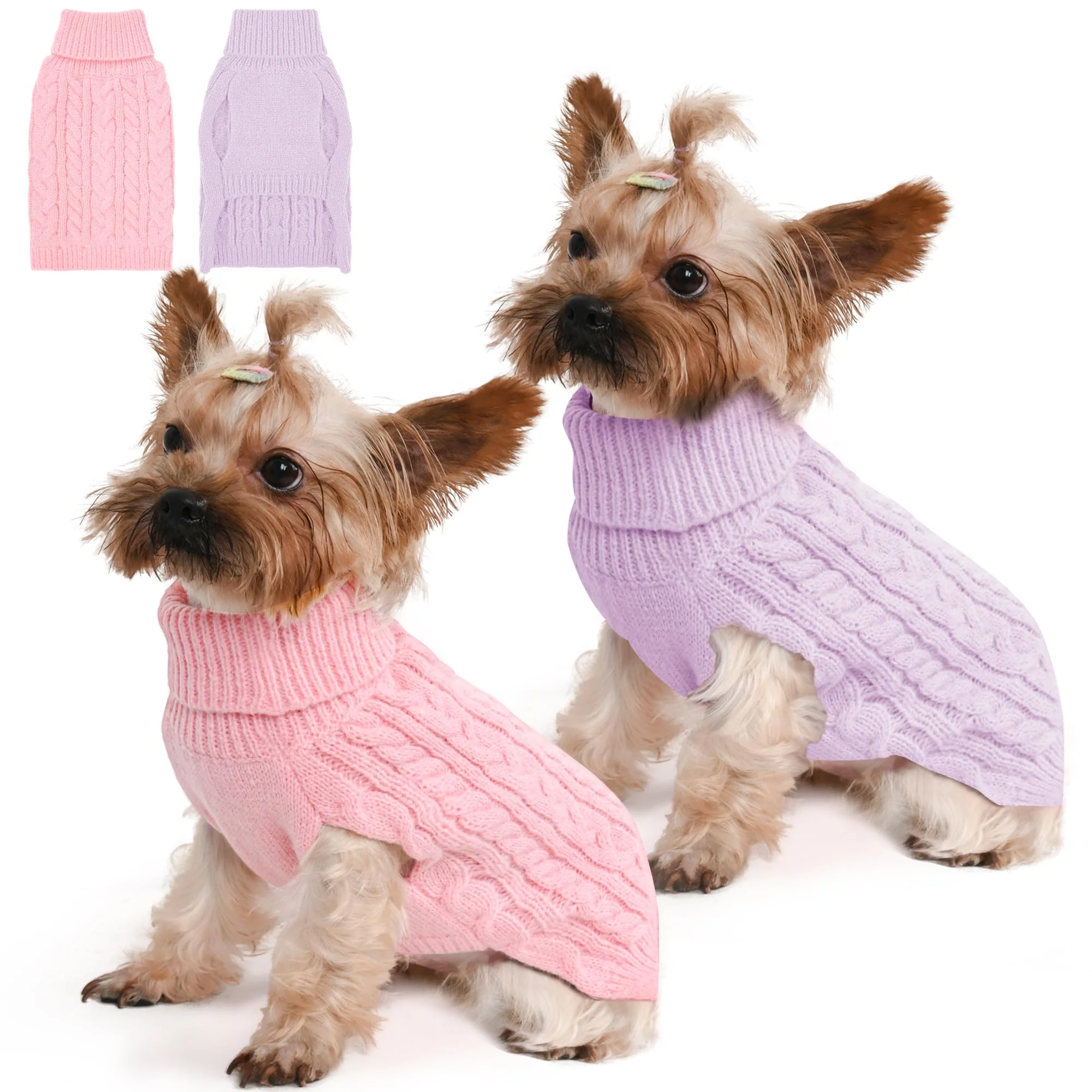 Efficient Lorehelina 2 Pack Dog Sweaters for Small Dogs Winter Turtleneck Cable Knit Pullovers XS Pink Purple Premium Material