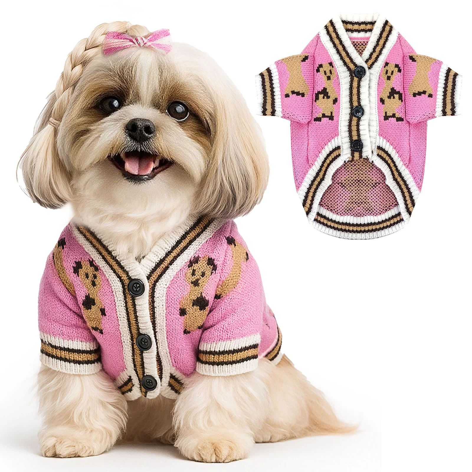 Comfortable ABRRLO Small Dog Sweaters – Pink Bear Cardigan for Small Dogs Warm Knitwear Exceptional