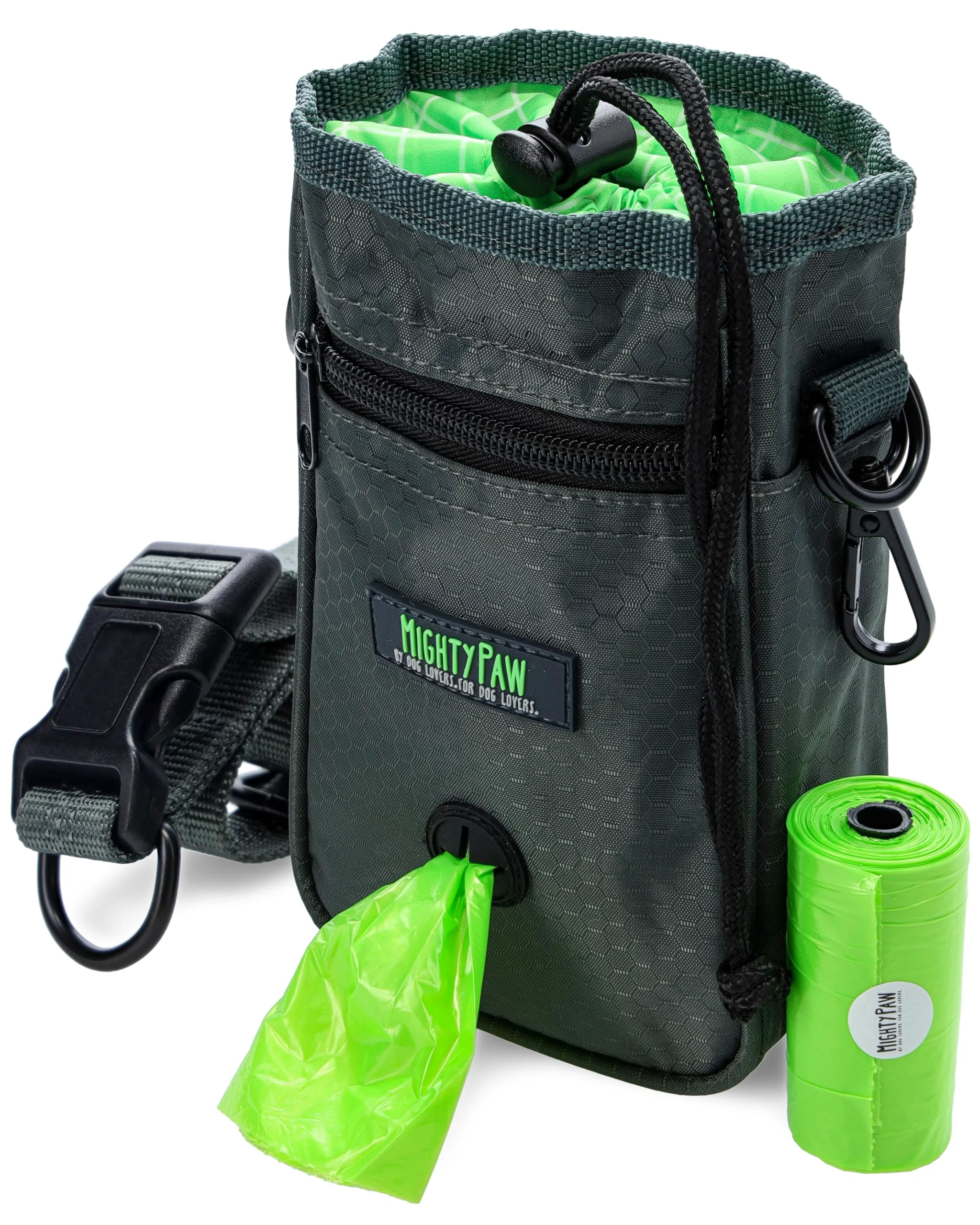 Solid Mighty Paw Dog Treat Bag - Drawstring Pouch with Carabiner Pick-Up Bags Grey Green Artisan