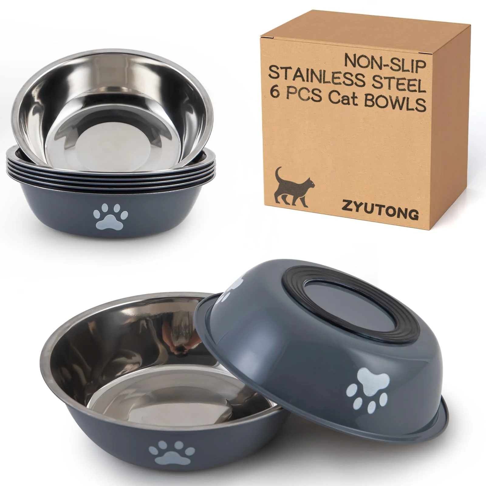 Certified ZYUTONG 6 Pack Stainless Steel Cat Bowls – Non-Slip Whisker-Friendly 16 oz Dishes Grey 6 PCS Official