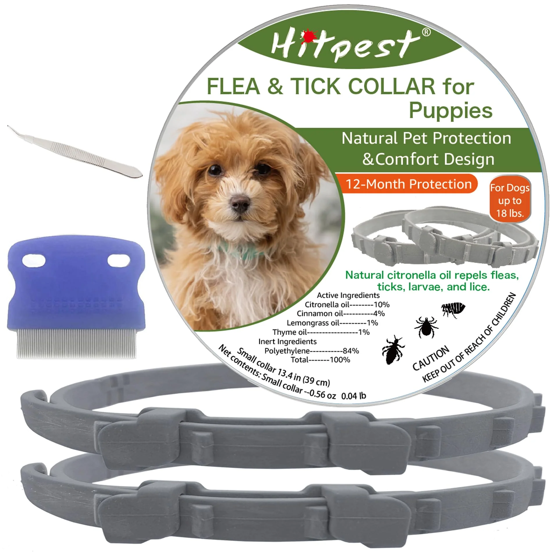 Trusted Hitpest Flea Tick Collar for Puppies — 12 Months Natural Protection 2-Pack Comb Tweezers Traditional