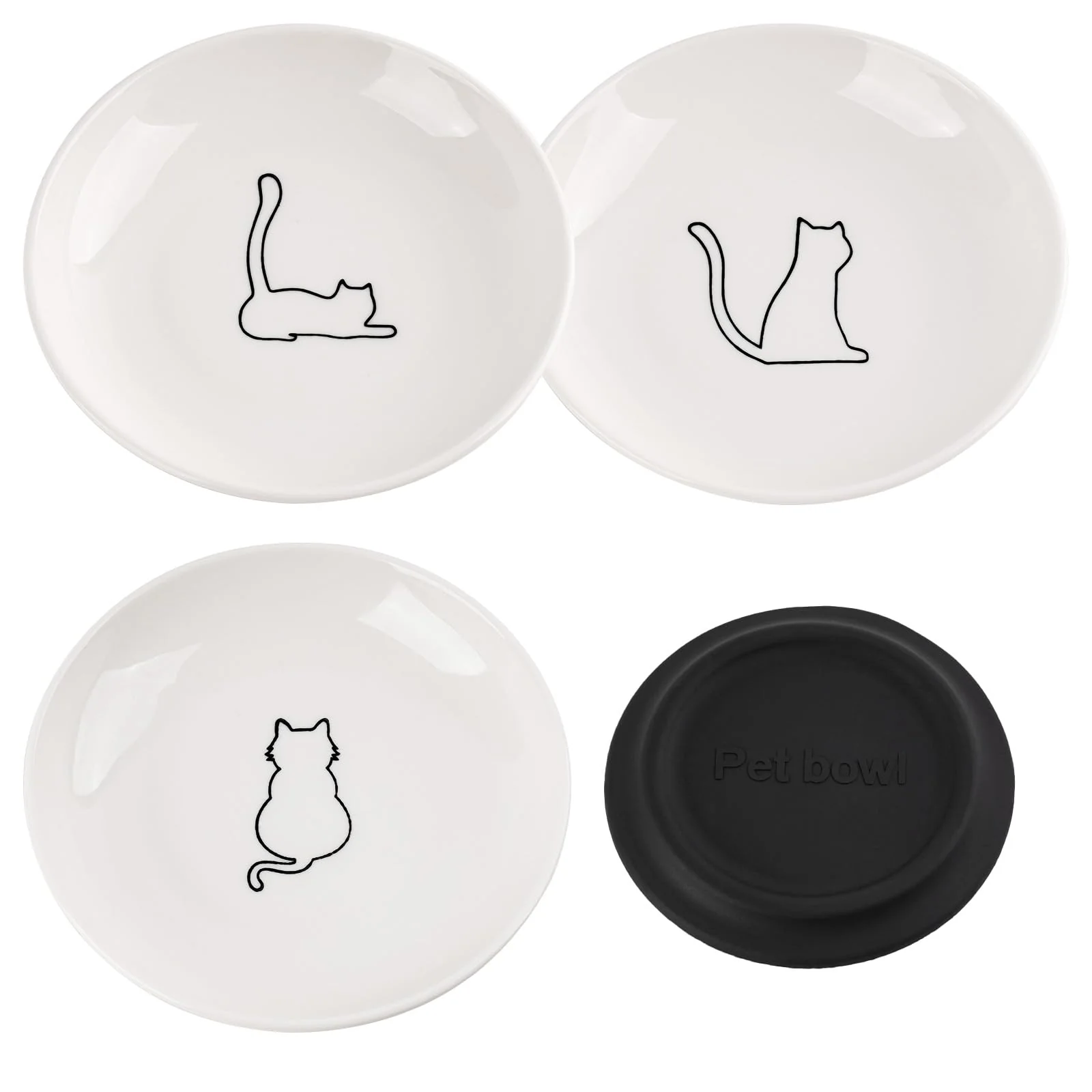 Organic TRUNDISAN Cat Food Bowls Set — 3 Whisker-Friendly Ceramic Bowls with Non-Slip Bottom Secure