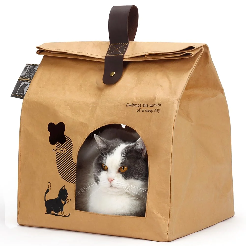 Premium Deamoser Washable Kraft Paper Cat House with 2 Scratching Pads – Large Indoor Cat Condo Relaxed