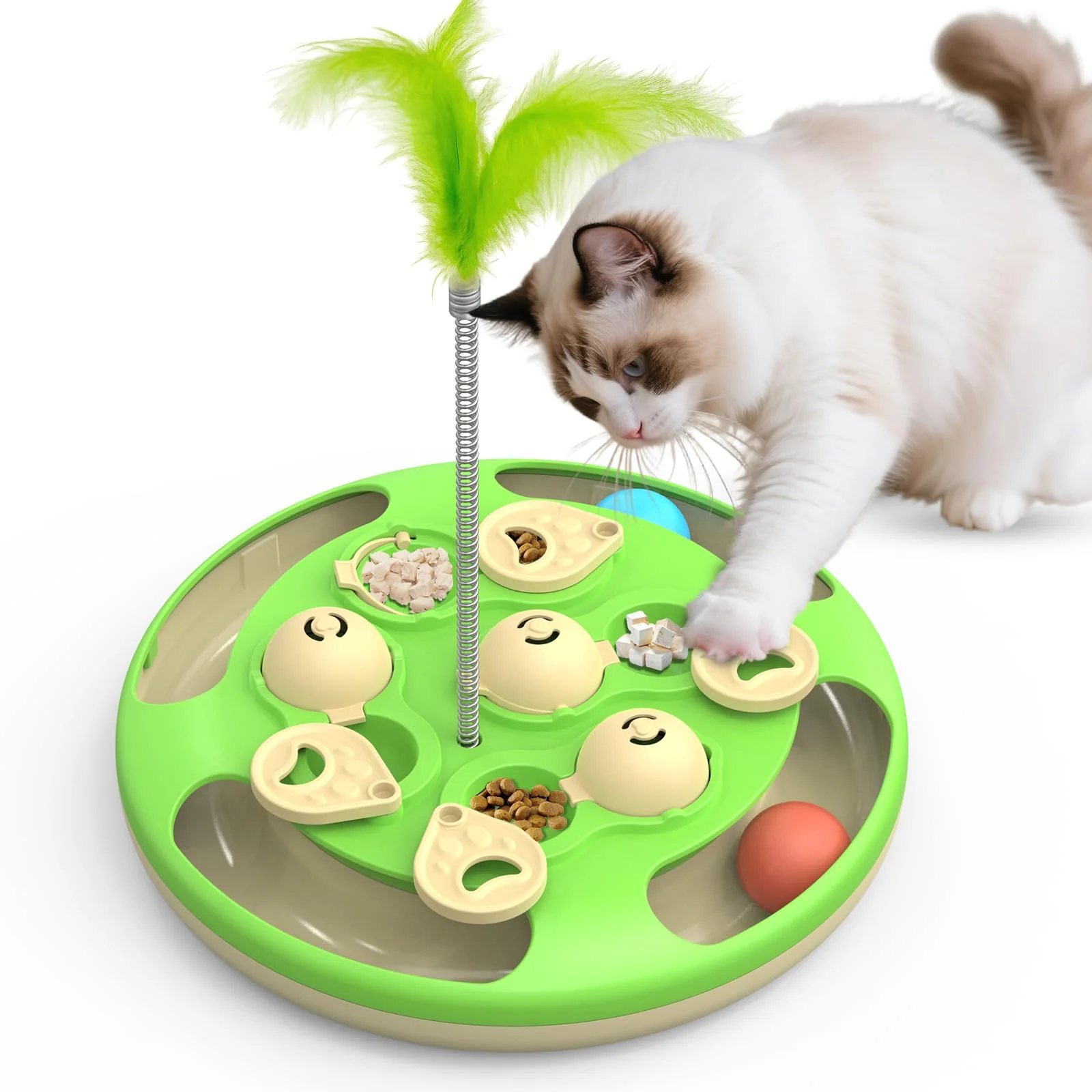 Premium Material CGBD Cat Puzzle Toys 3-in-1 Track Balls Feather Teaser Treat Feeder Green Proven