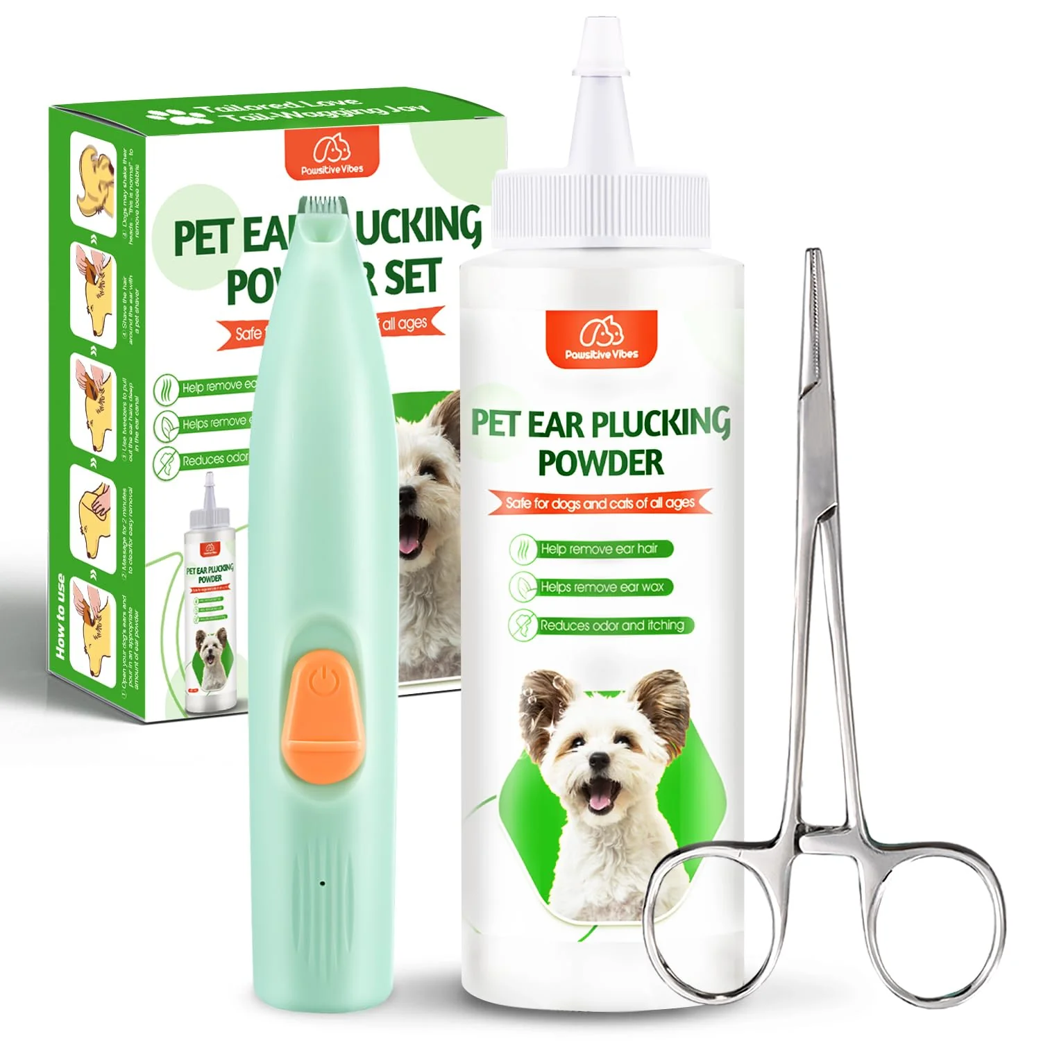 Certified Pawsitive Vibes Dog Ear Powder Kit — All-in-One Ear Care with LED Trimmer Elegant