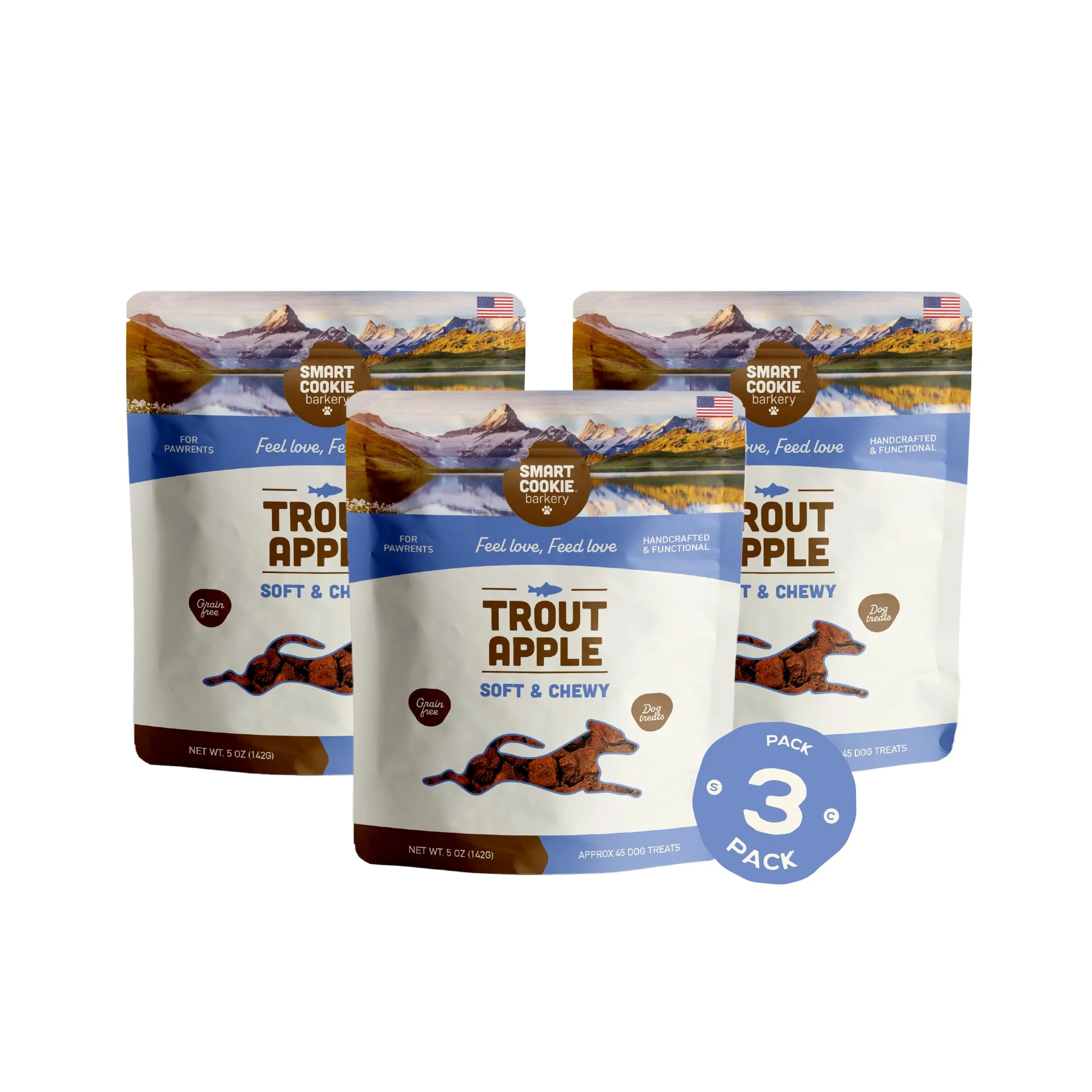 Authentic Smart Cookie Trout Apple Training Treats for Dogs - Grain Soft Chewy Made in USA 5oz Pack of 3 Unique