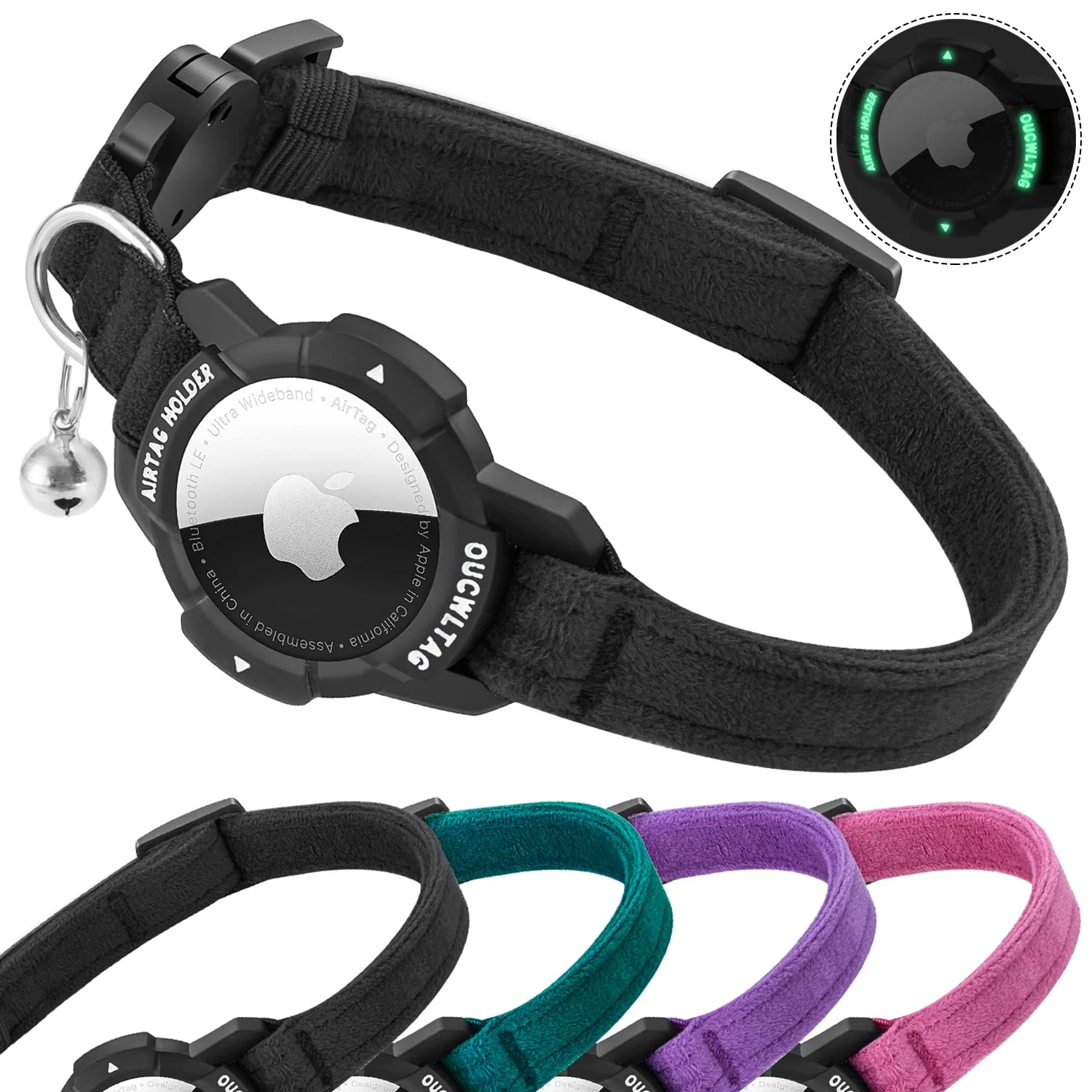 Premium Material OUCWLTAG Luminous AirTag Cat Collar Breakaway – Apple AirTag Holder Elastic Safety Band 9-13 in Black Luxury
