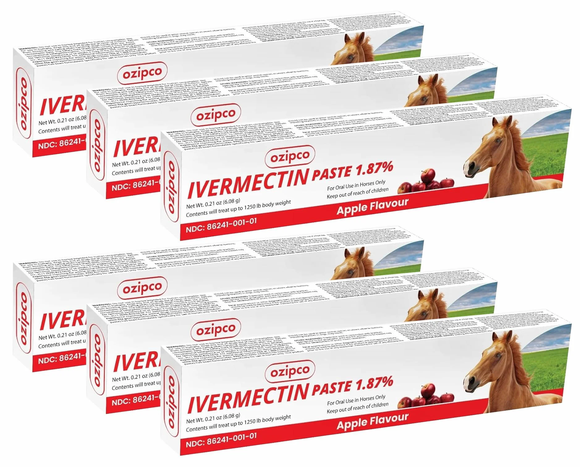 Premium Material OZIPCO Ivermectin 1.87 Horse Paste – Apple Flavor 6.08g Tube 6-Pack for Horses Up to 1250 lbs Original