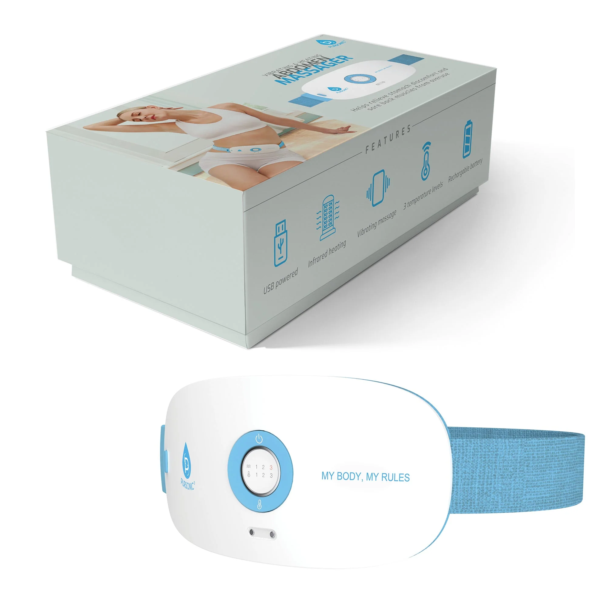 Soft Stomach Back Massager 3 Vibration Levels 3 Heat Settings USB Rechargeable World-Class
