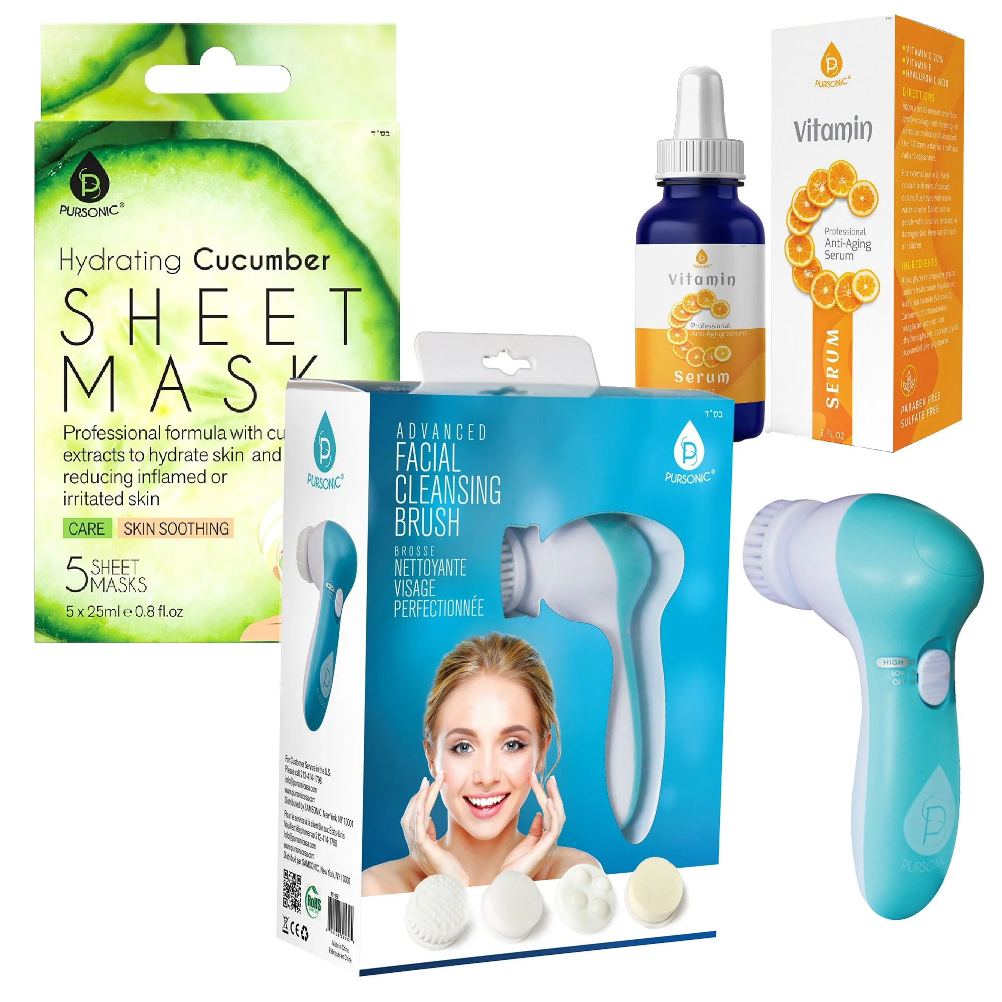 Comfortable Skincare Gift Bundle Hydrating Cucumber Sheet Masks Advanced Facial Cleansing Brush Vitamin C Serum 3 fl. oz Minimalist