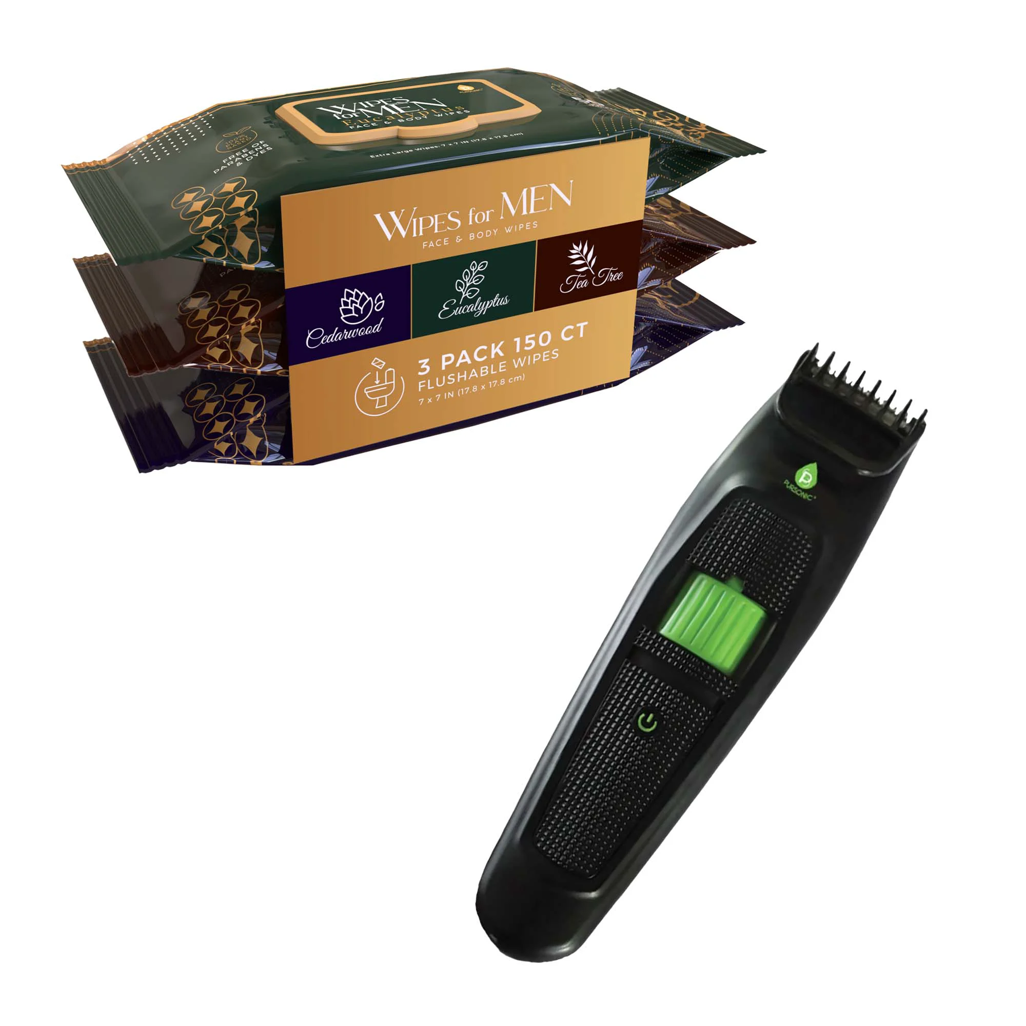 Certified Pursonic Men s Refresh Groom Kit Cedarwood Tea Tree Eucalyptus Wipes Rechargeable Beard Body Trimmer Dependable