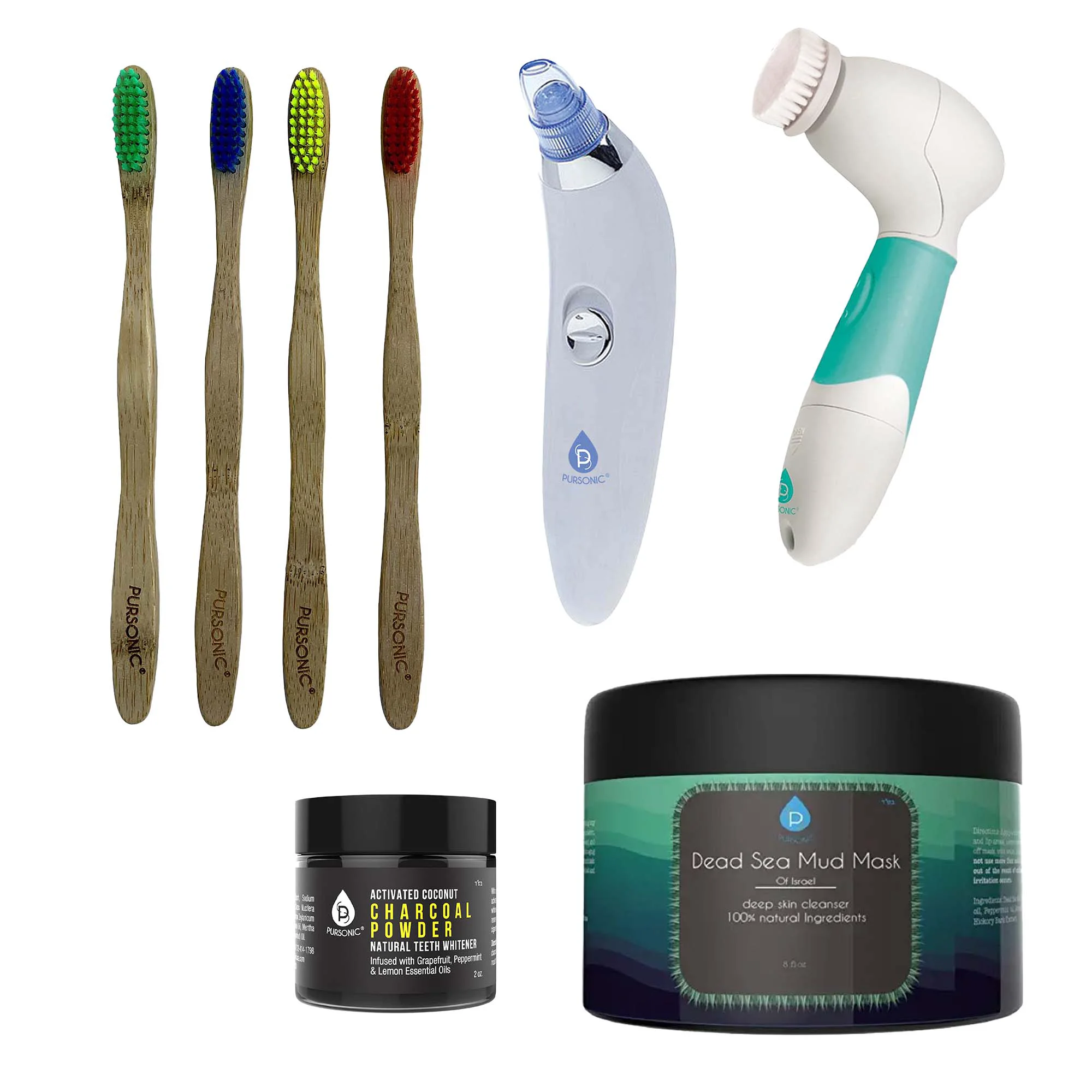 Exclusive Pursonic Daily Detox Set - Pore Vacuum Bamboo Toothbrushes Charcoal Powder Facial Body Brush and Dead Sea Mud Mask Efficient
