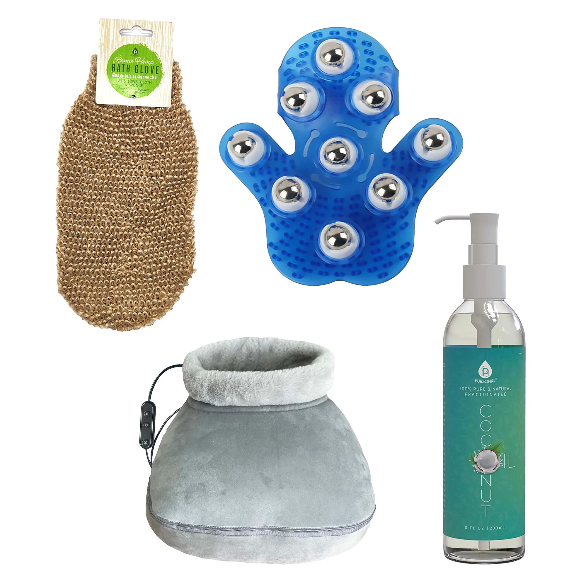 Smooth Weekend Wellness Bundle Palm Massage Glove Heated Foot Massager Coconut Oil Exfoliating Bath Glove Breathable