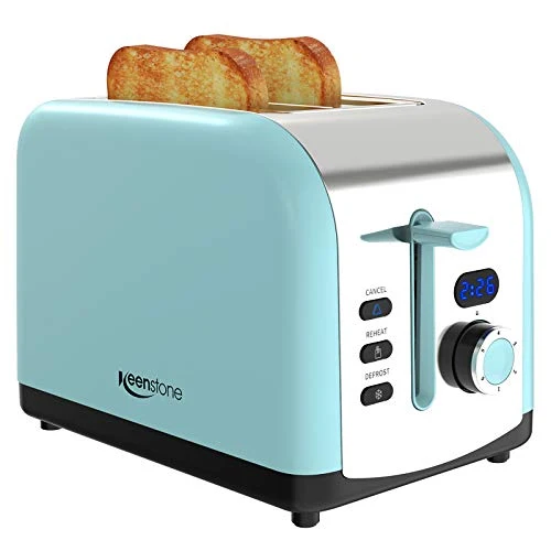 Recyclable Toaster 2 Slice Keenstone Stainless Steel Retro Toaster with Timer Wide Slot Defrost Reheat Cancel Fuction Removable Crumb Tray Blue Fine