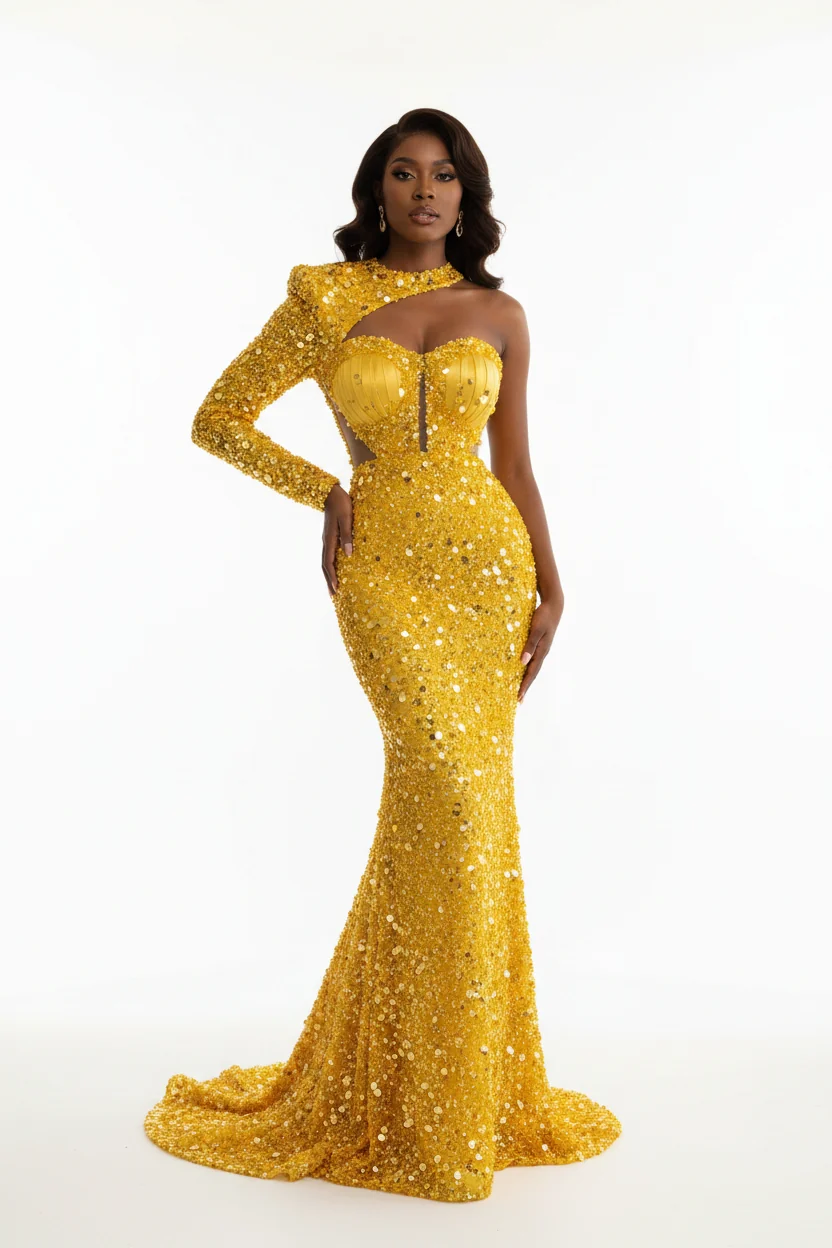 Dependable Sequined Pearl Embroidery Lace Asymmetric Single Sleeve Dress Secure