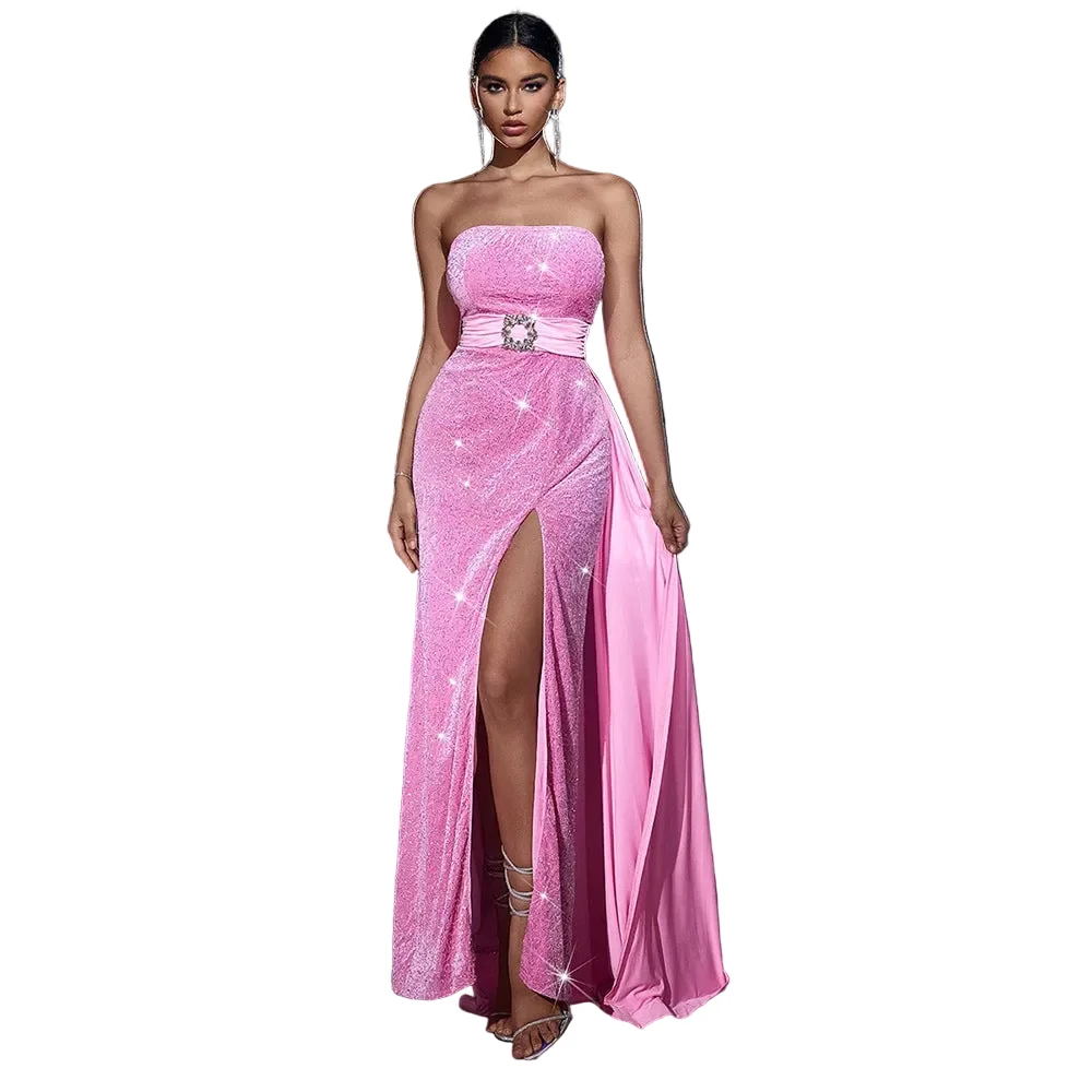 Exceptional Women's Pink Velvet Sequined Strapless Evening Dress – Cinched Belt Tube Top High-Slit Banquet Gown Recyclable